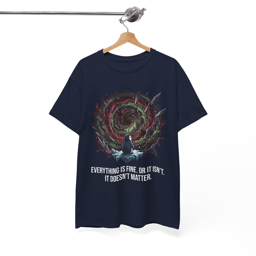 Nihilistic Penguin Portal T-Shirt — Cosmic Vortex Zen Unisex Tee