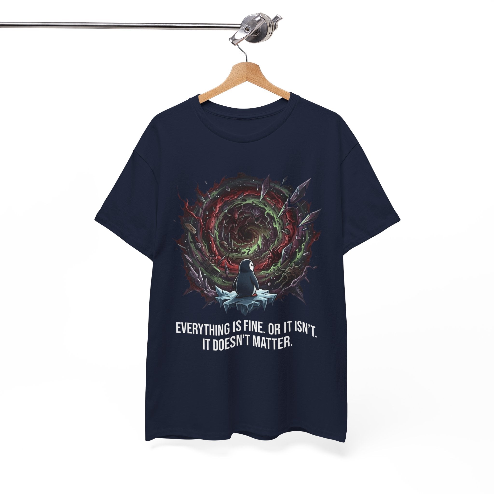 Nihilistic Penguin Portal T-Shirt — Cosmic Vortex Zen Unisex Tee