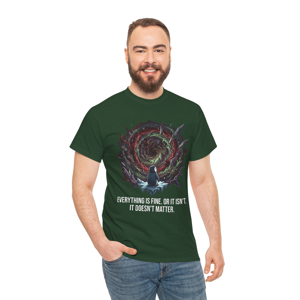 Nihilistic Penguin Portal T-Shirt — Cosmic Vortex Zen Unisex Tee