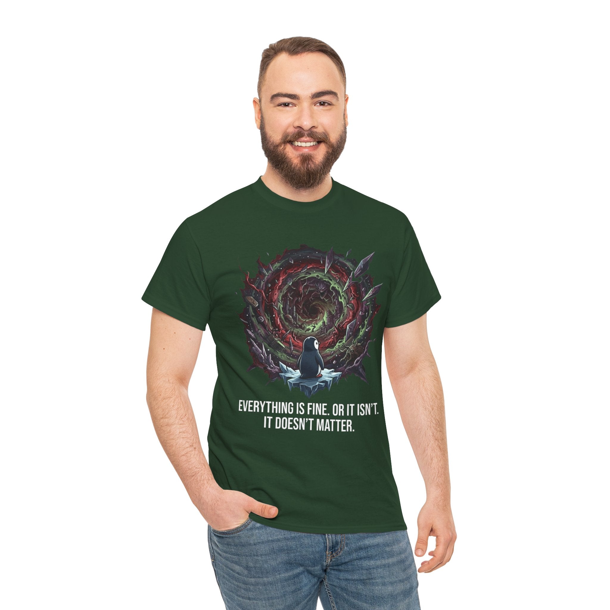 Nihilistic Penguin Portal T-Shirt — Cosmic Vortex Zen Unisex Tee