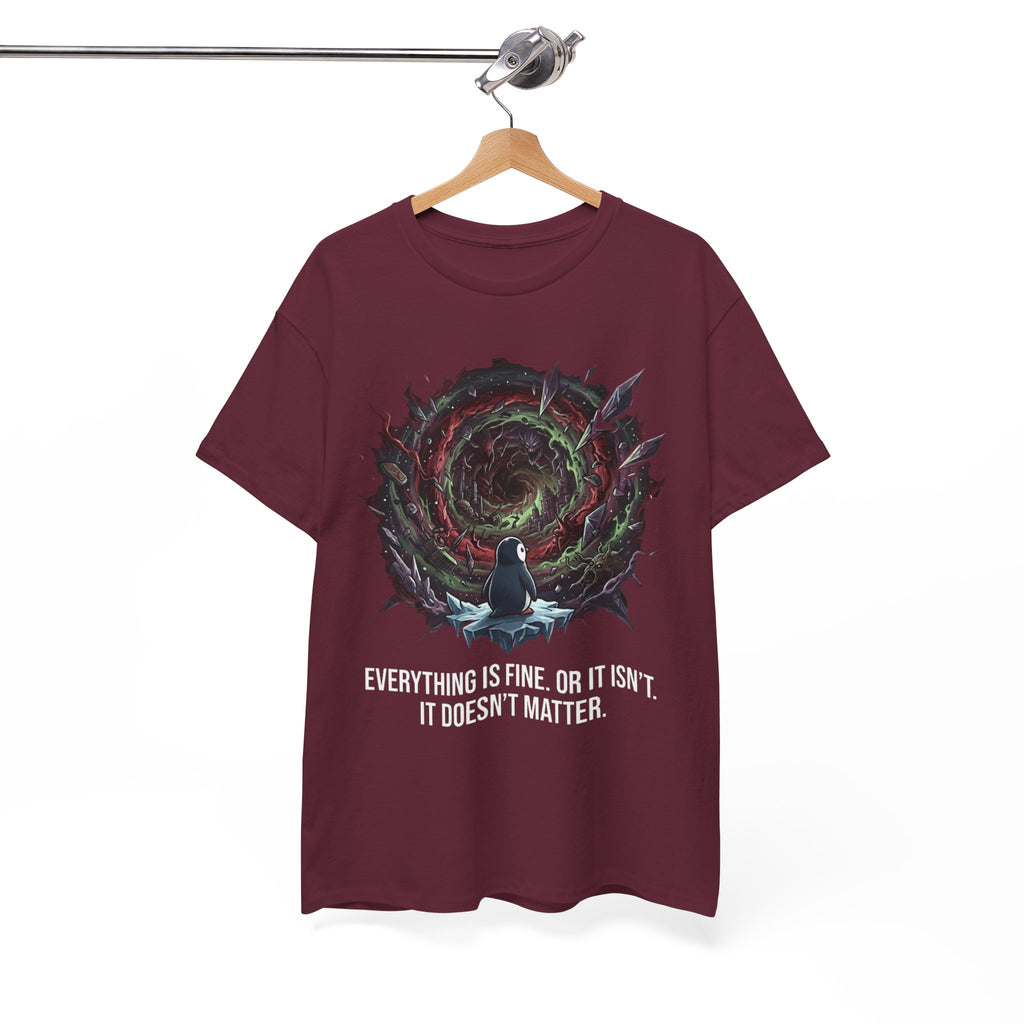 Nihilistic Penguin Portal T-Shirt — Cosmic Vortex Zen Unisex Tee