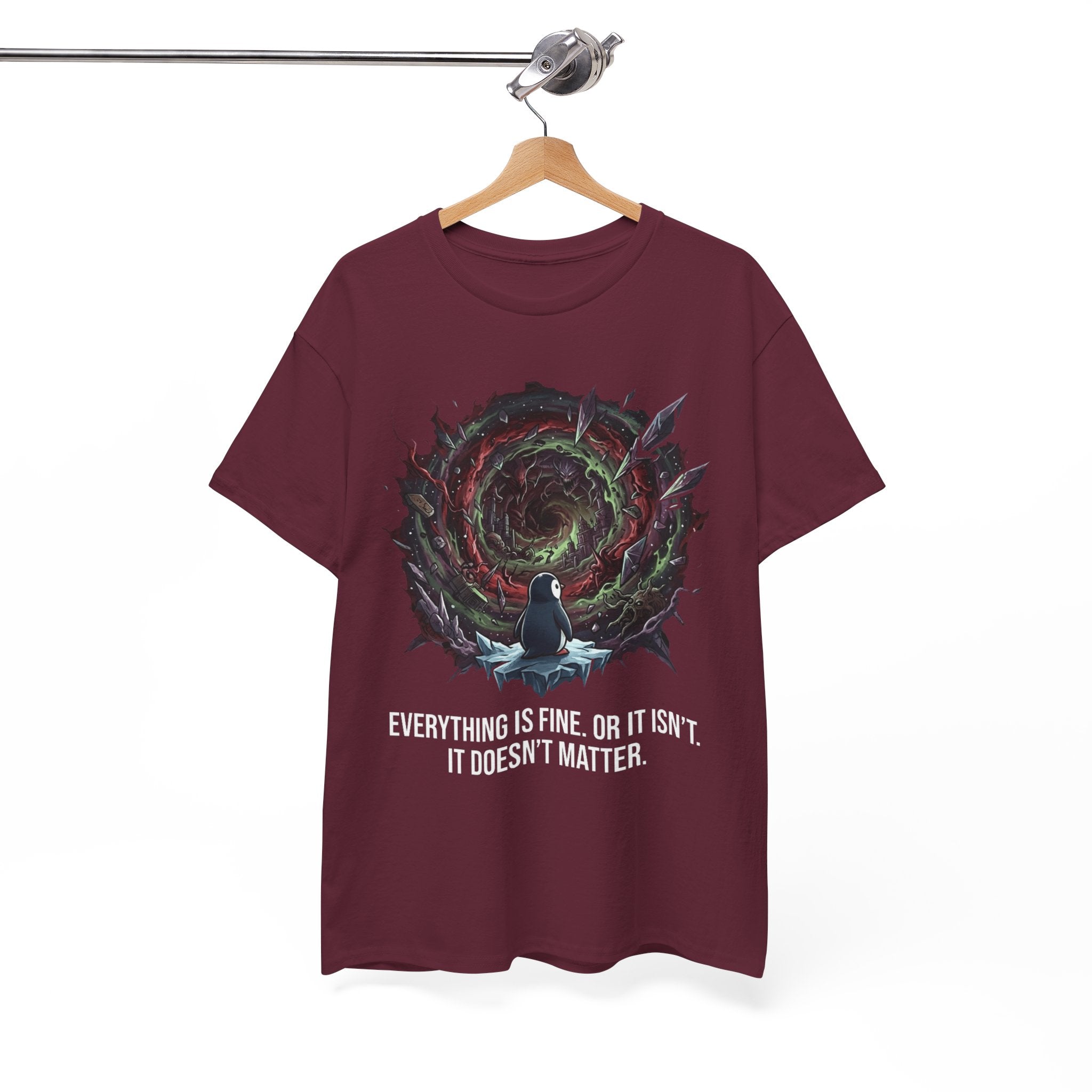 Nihilistic Penguin Portal T-Shirt — Cosmic Vortex Zen Unisex Tee
