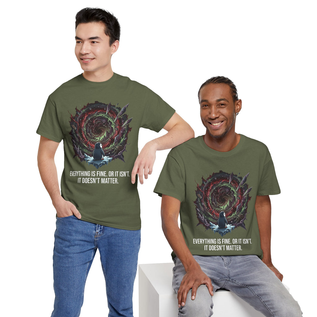 Nihilistic Penguin Portal T-Shirt — Cosmic Vortex Zen Unisex Tee