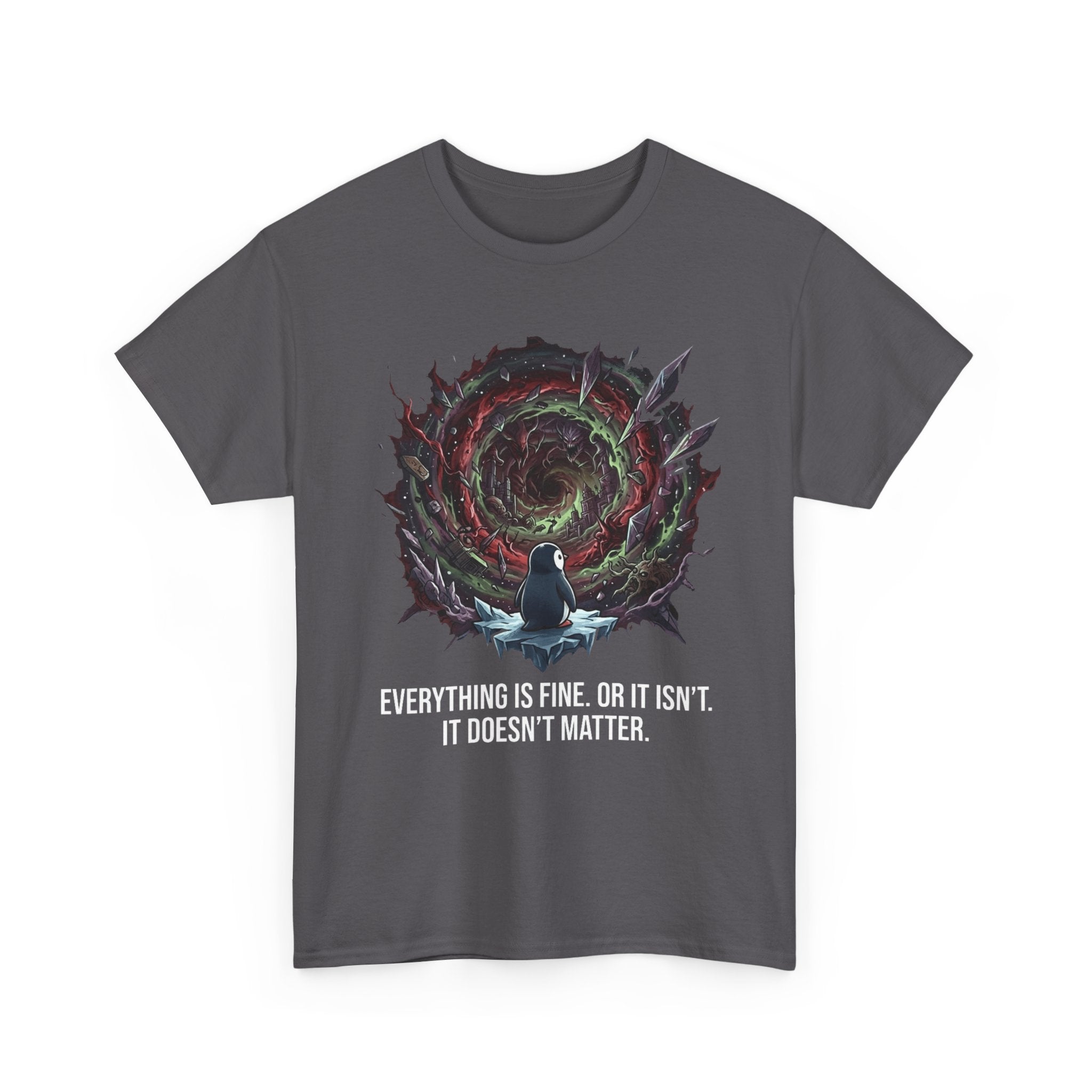 Nihilistic Penguin Portal T-Shirt — Cosmic Vortex Zen Unisex Tee