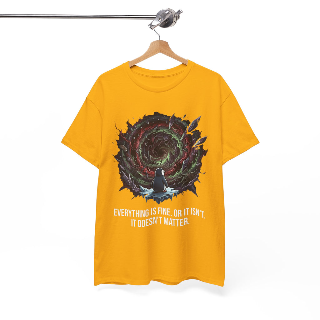 Nihilistic Penguin Portal T-Shirt — Cosmic Vortex Zen Unisex Tee