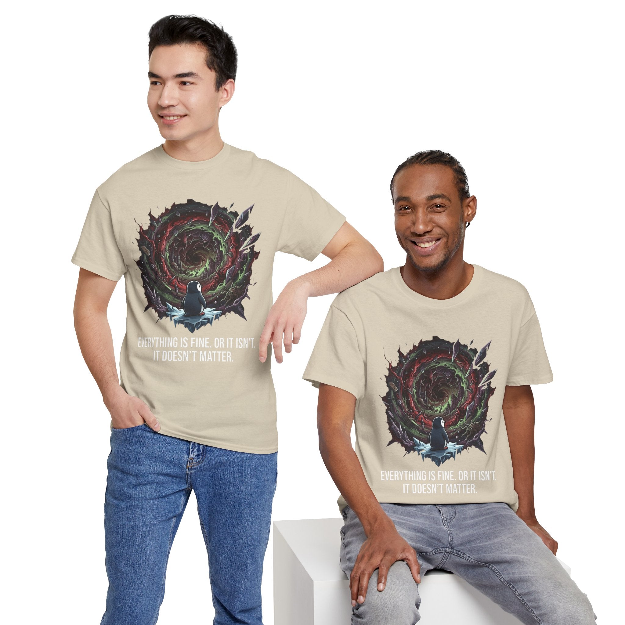 Nihilistic Penguin Portal T-Shirt — Cosmic Vortex Zen Unisex Tee
