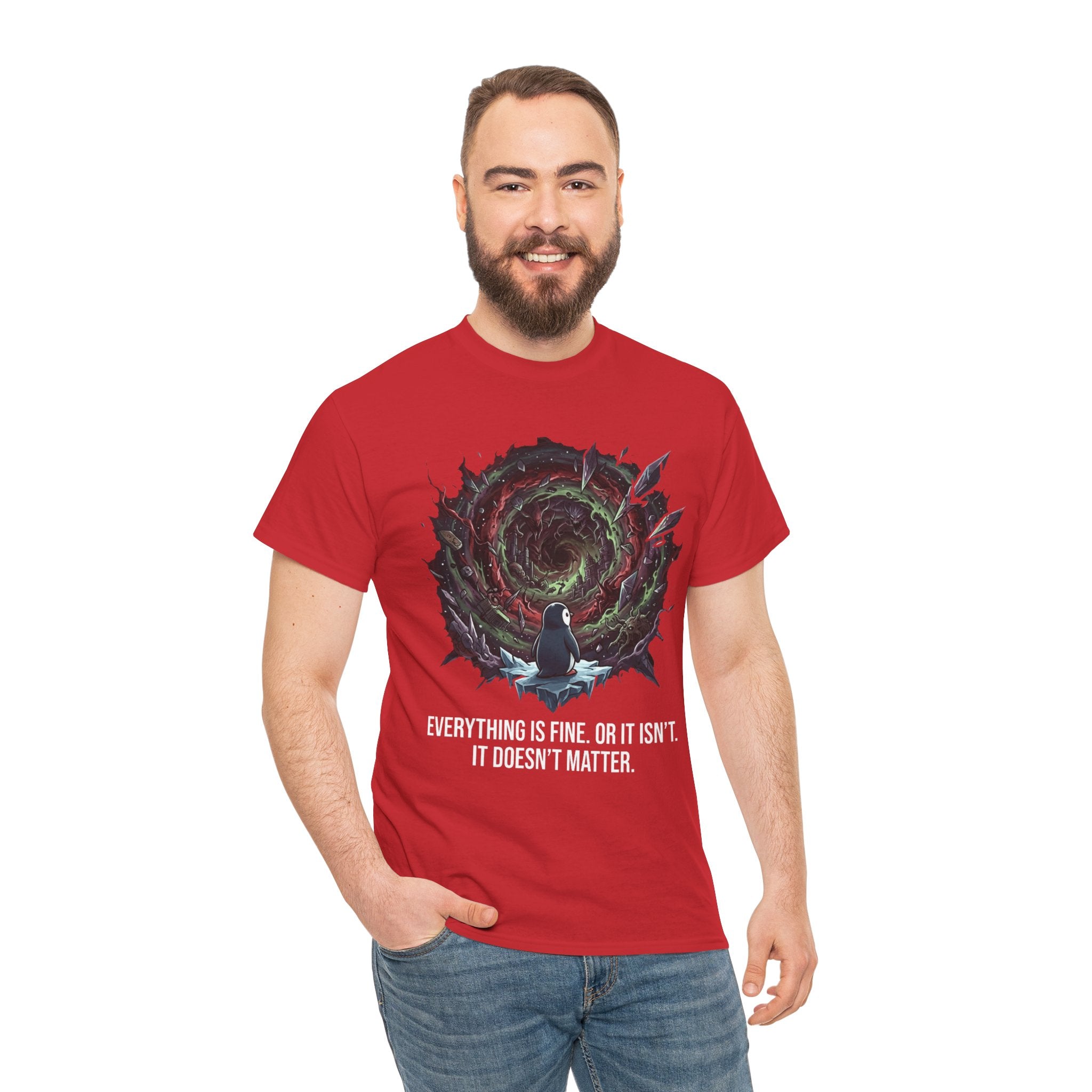 Nihilistic Penguin Portal T-Shirt — Cosmic Vortex Zen Unisex Tee