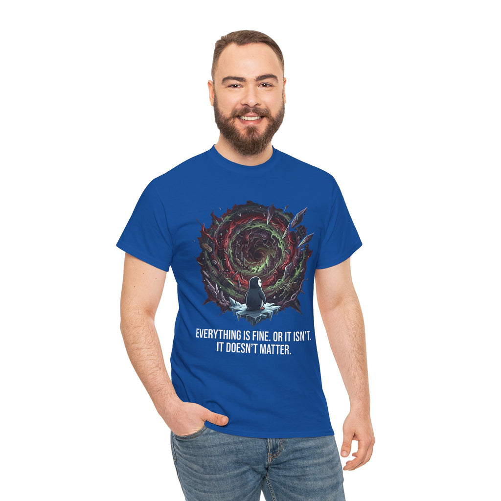 Nihilistic Penguin Portal T-Shirt — Cosmic Vortex Zen Unisex Tee