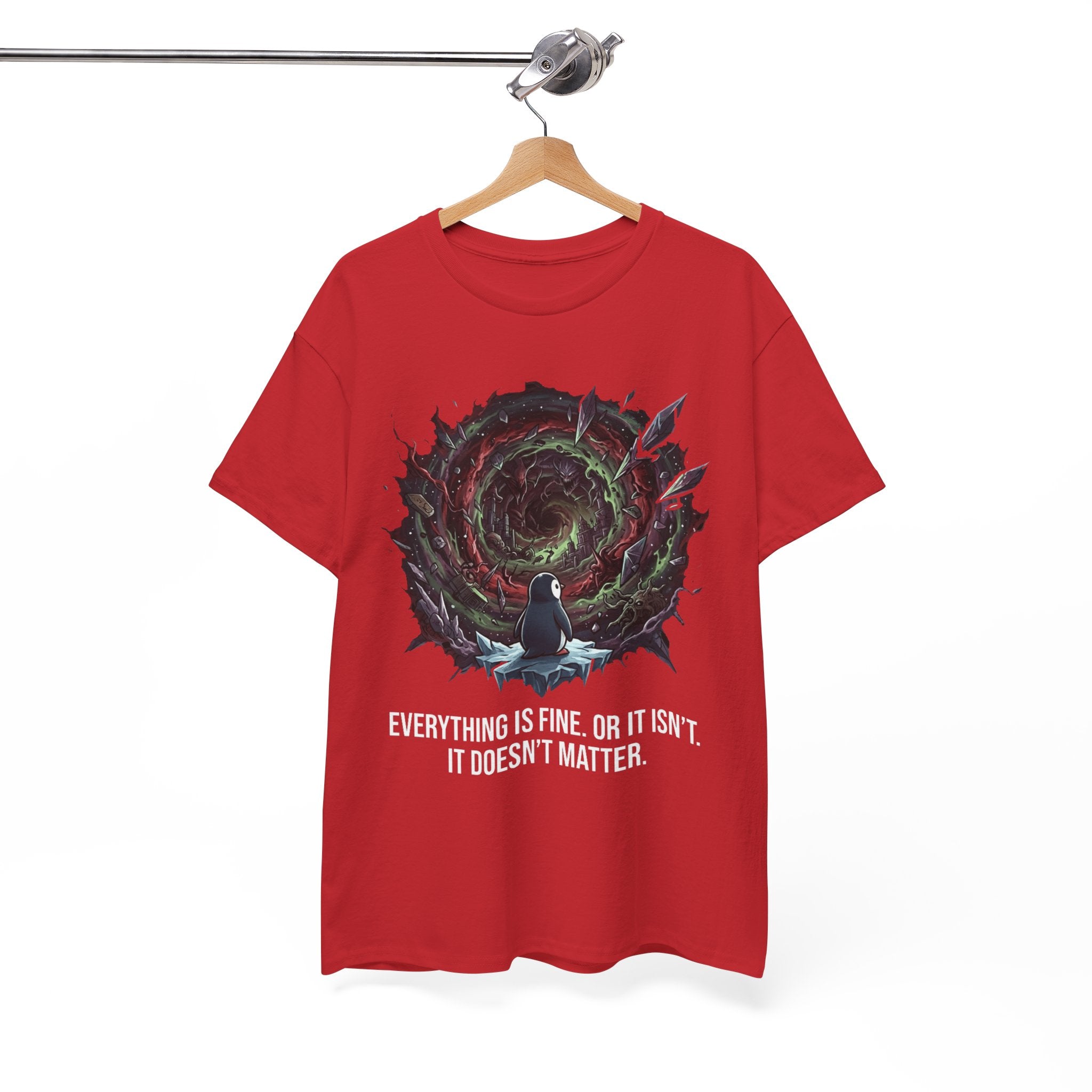Nihilistic Penguin Portal T-Shirt — Cosmic Vortex Zen Unisex Tee