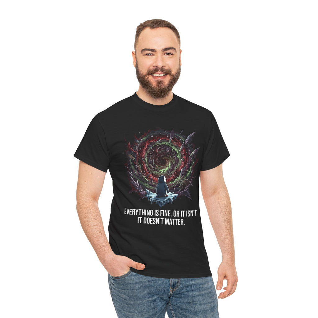 Nihilistic Penguin Portal T-Shirt — Cosmic Vortex Zen Unisex Tee
