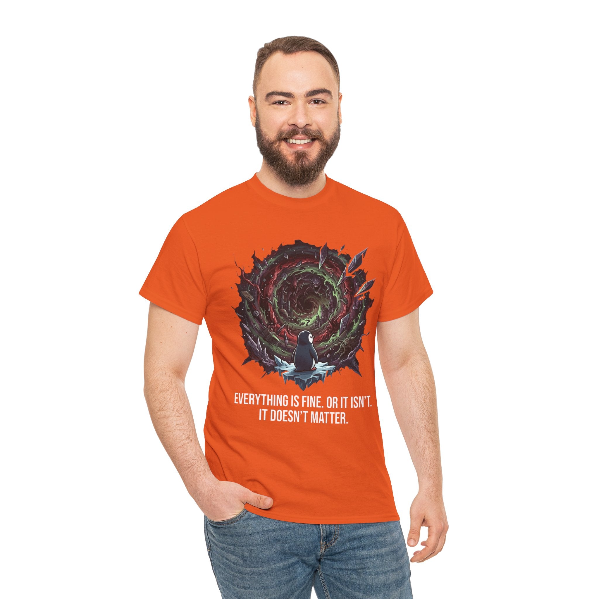 Nihilistic Penguin Portal T-Shirt — Cosmic Vortex Zen Unisex Tee