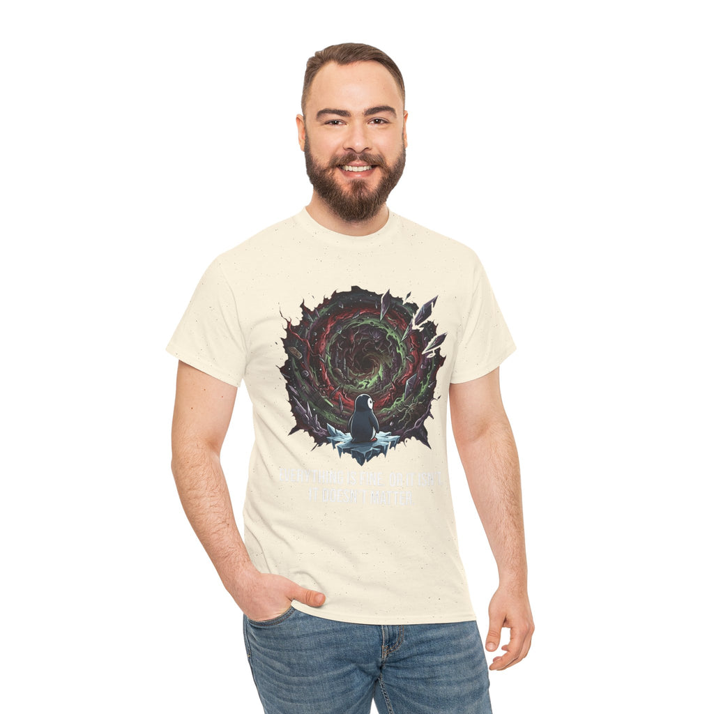 Nihilistic Penguin Portal T-Shirt — Cosmic Vortex Zen Unisex Tee
