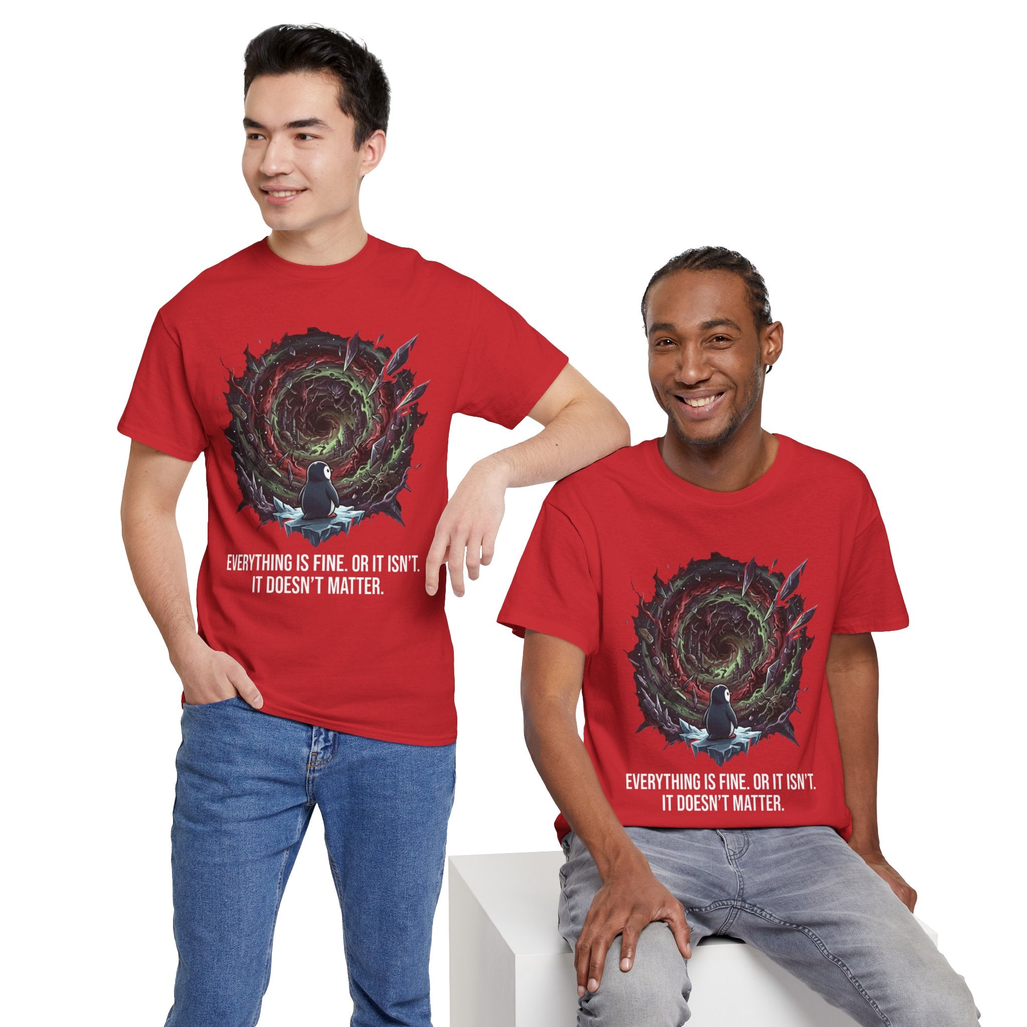 Nihilistic Penguin Portal T-Shirt — Cosmic Vortex Zen Unisex Tee