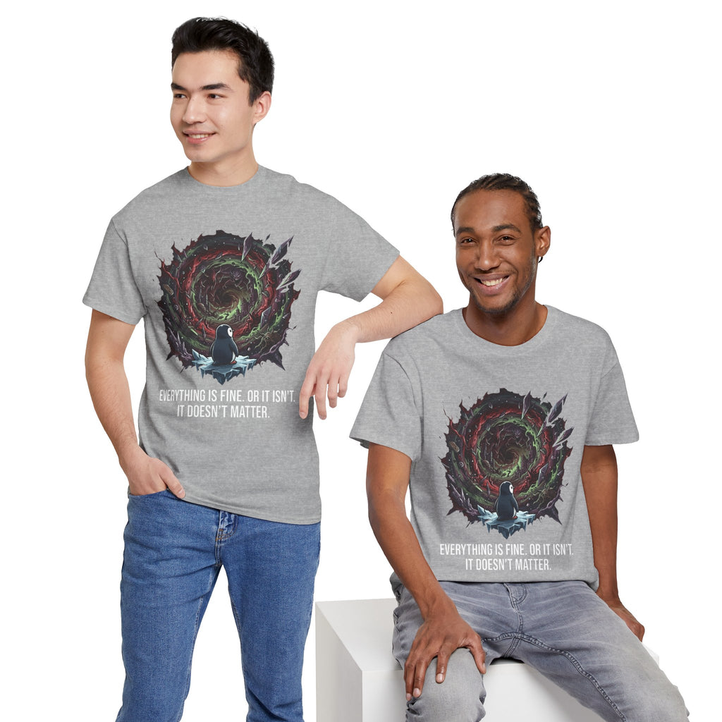 Nihilistic Penguin Portal T-Shirt — Cosmic Vortex Zen Unisex Tee