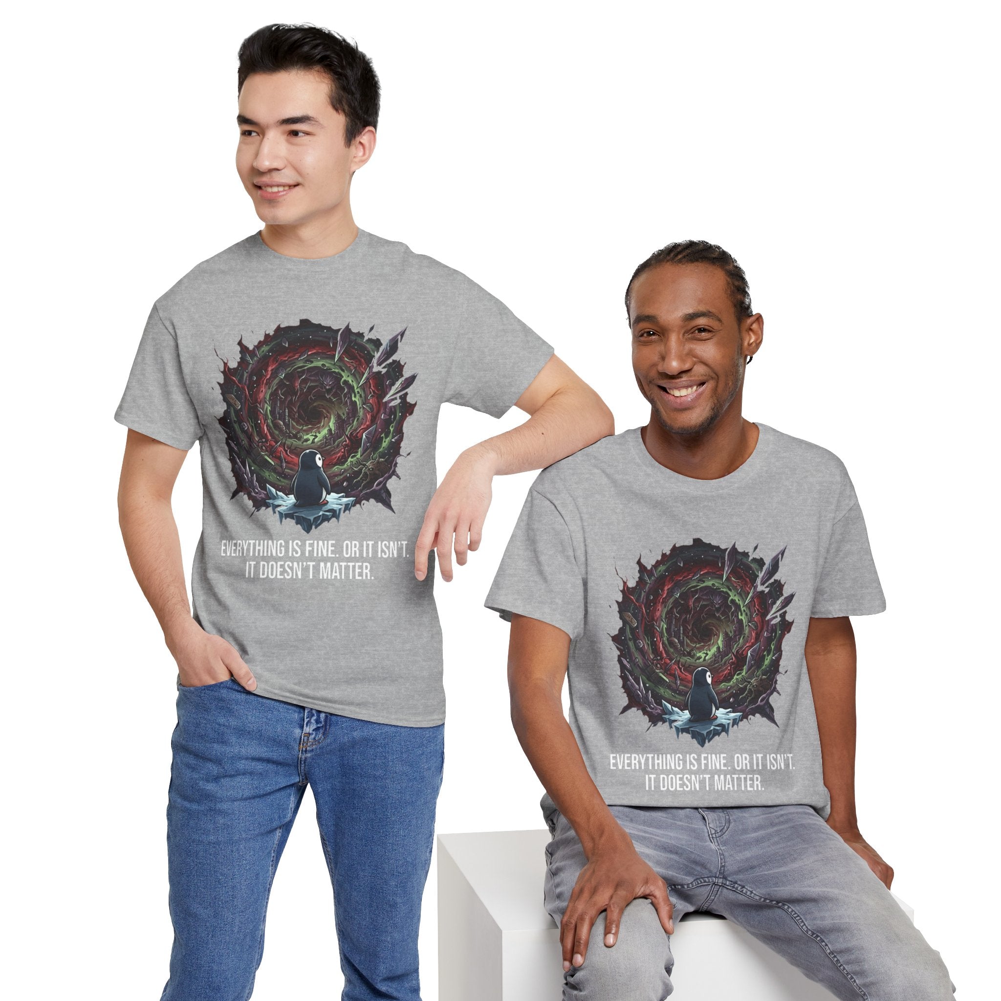 Nihilistic Penguin Portal T-Shirt — Cosmic Vortex Zen Unisex Tee