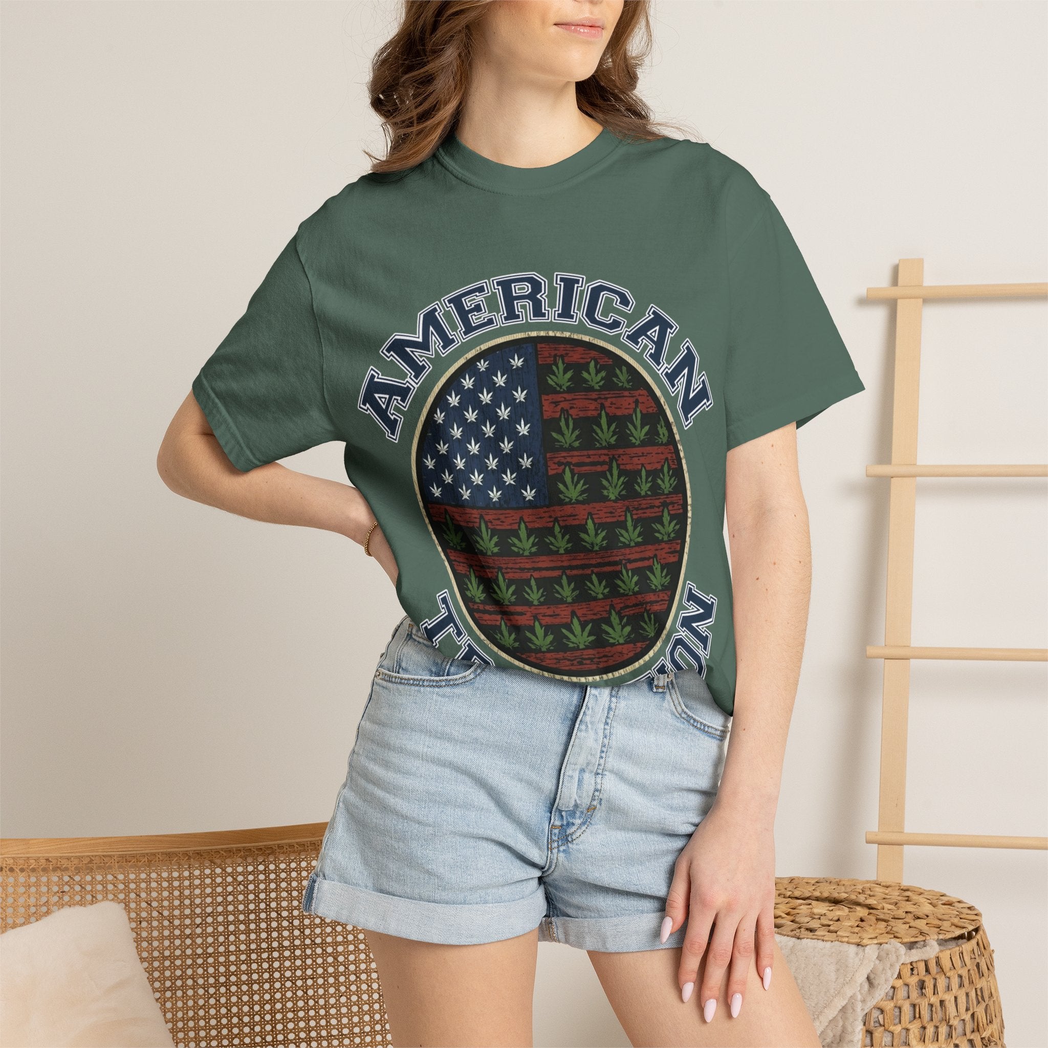 American Tradition T-Shirt — Patriotic Flag with Cannabis Leaf Pattern