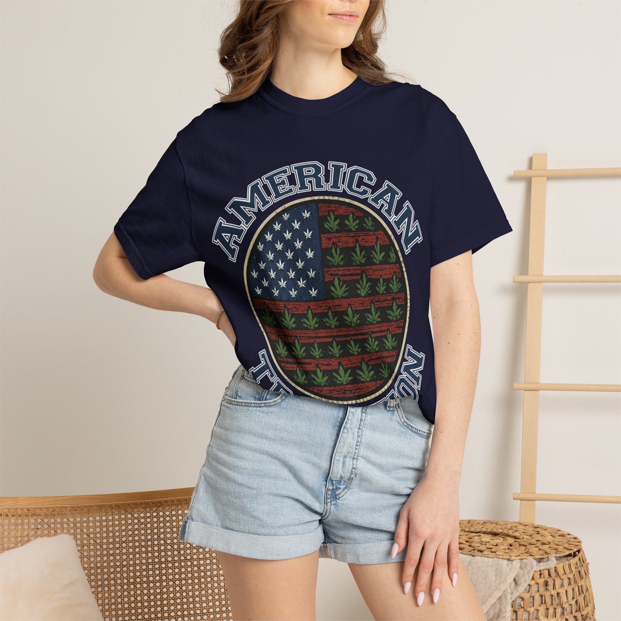 American Tradition T-Shirt — Patriotic Flag with Cannabis Leaf Pattern
