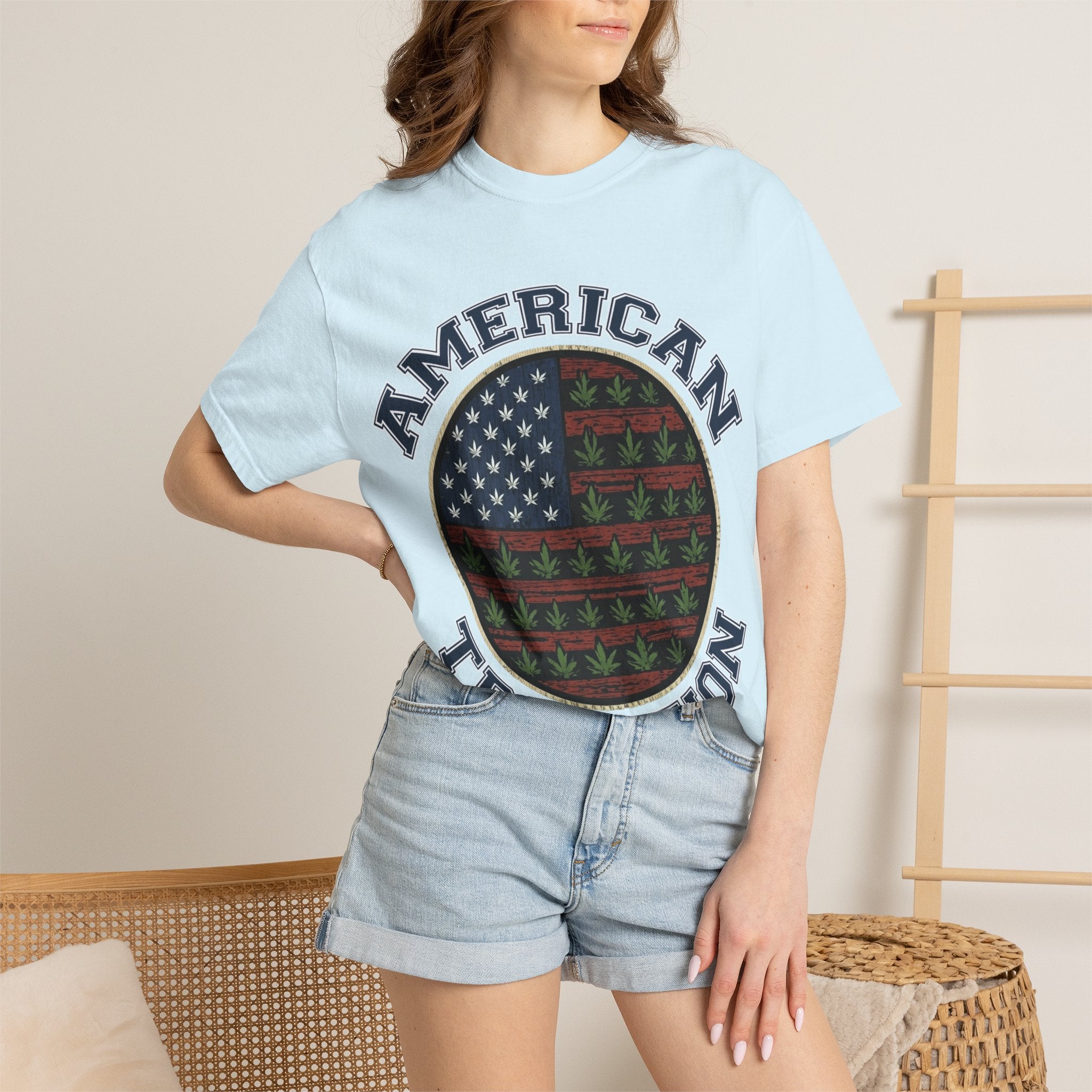 American Tradition T-Shirt — Patriotic Flag with Cannabis Leaf Pattern