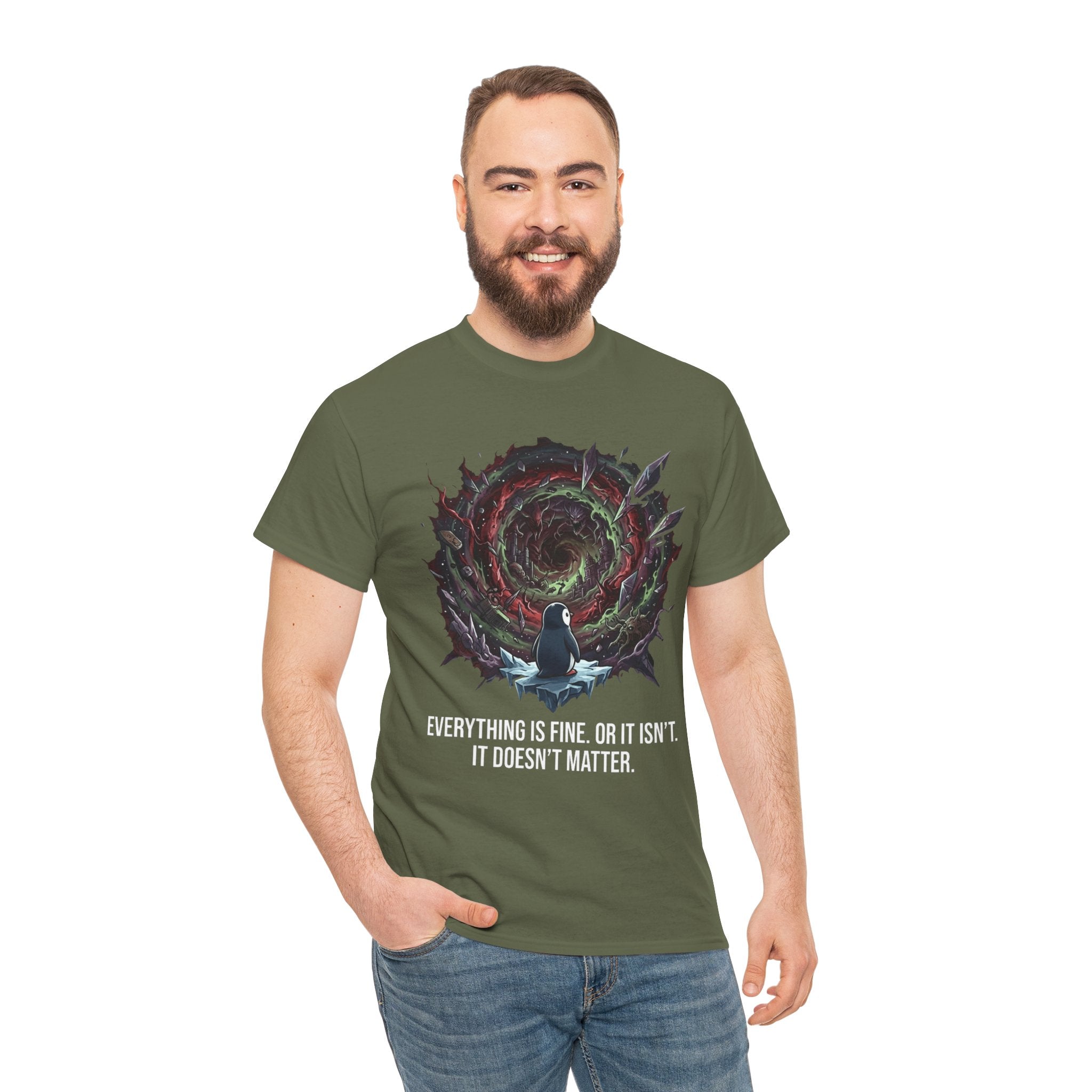 Nihilistic Penguin Portal T-Shirt — Cosmic Vortex Zen Unisex Tee