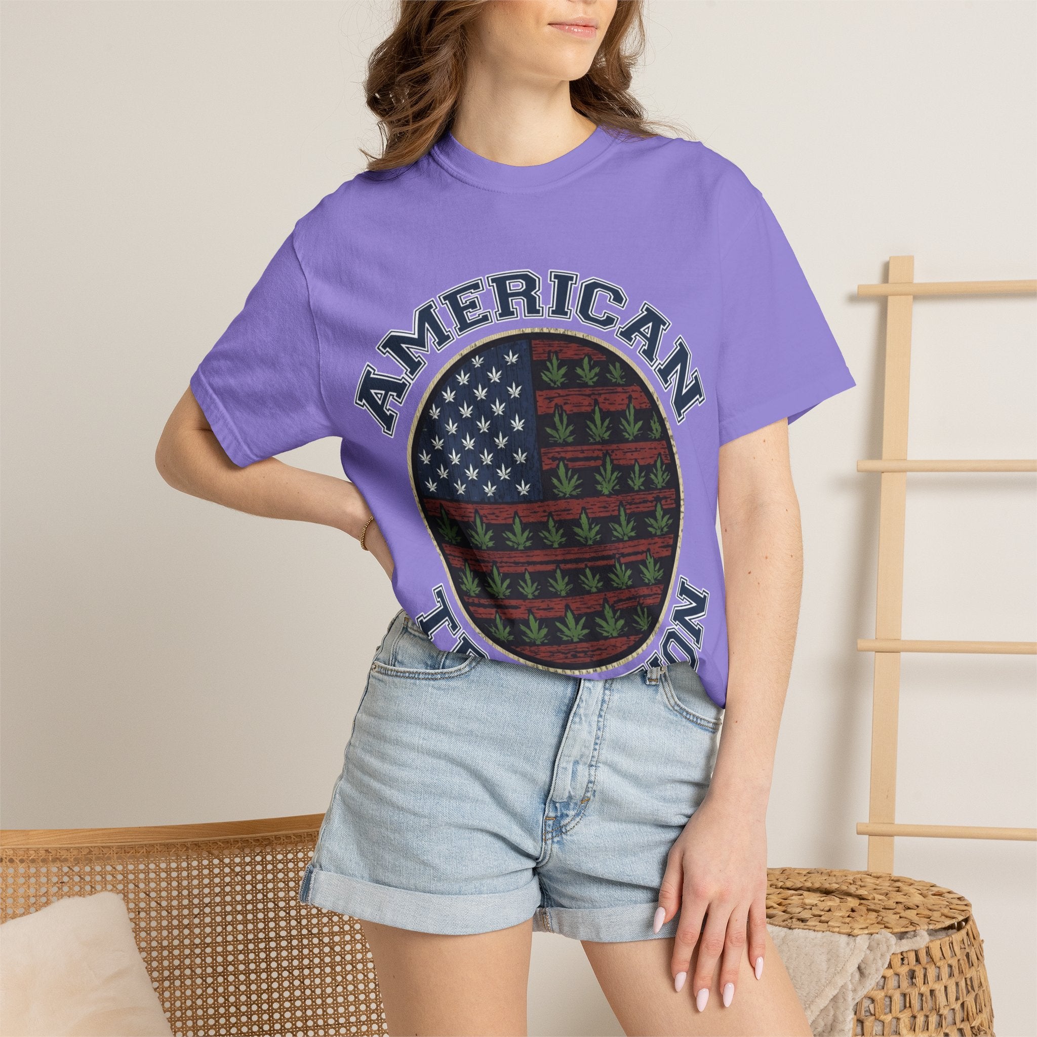 American Tradition T-Shirt — Patriotic Flag with Cannabis Leaf Pattern