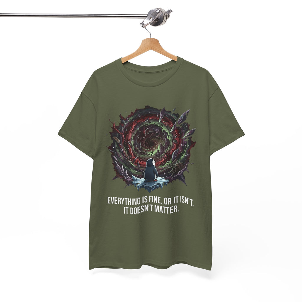 Nihilistic Penguin Portal T-Shirt — Cosmic Vortex Zen Unisex Tee