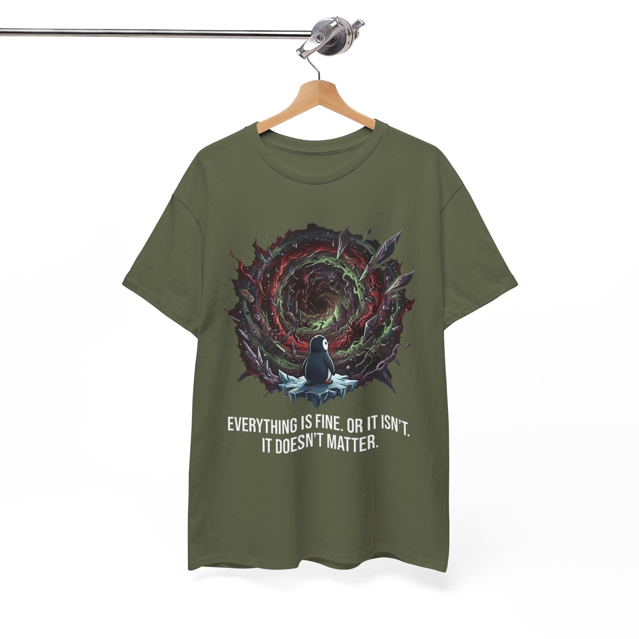Nihilistic Penguin Portal T-Shirt — Cosmic Vortex Zen Unisex Tee