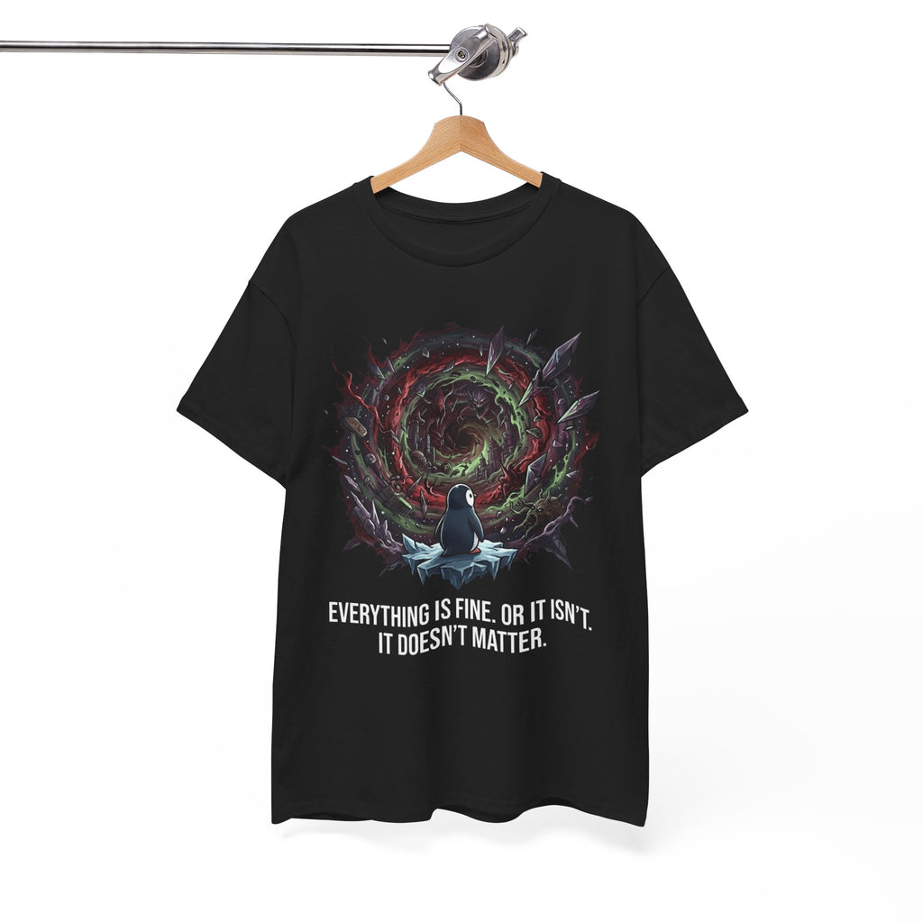 Nihilistic Penguin Portal T-Shirt — Cosmic Vortex Zen Unisex Tee