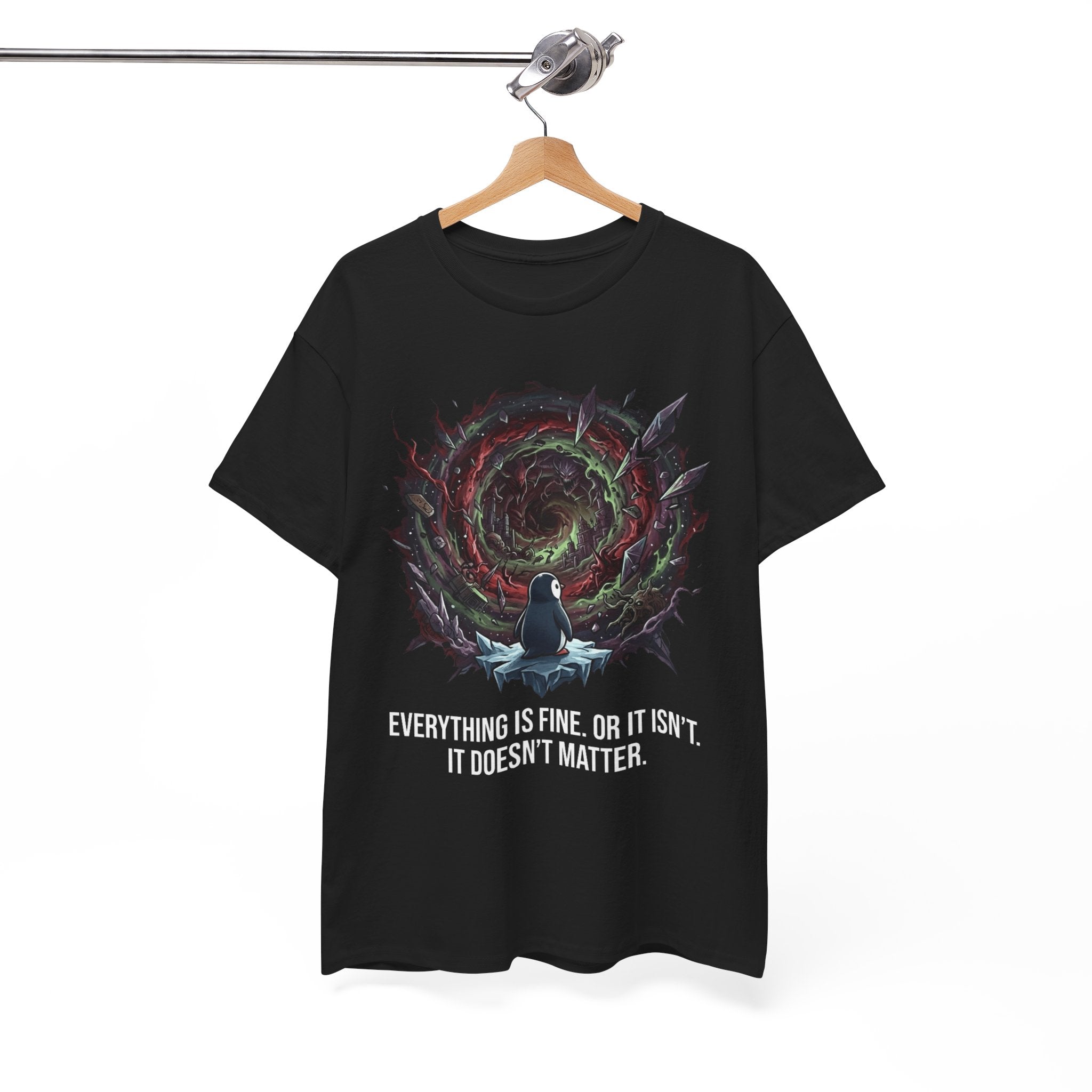 Nihilistic Penguin Portal T-Shirt — Cosmic Vortex Zen Unisex Tee