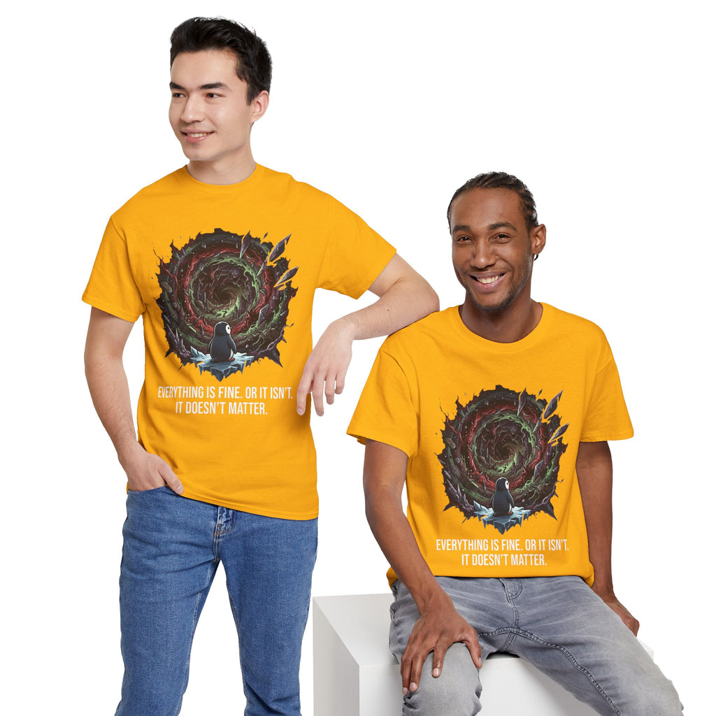 Nihilistic Penguin Portal T-Shirt — Cosmic Vortex Zen Unisex Tee