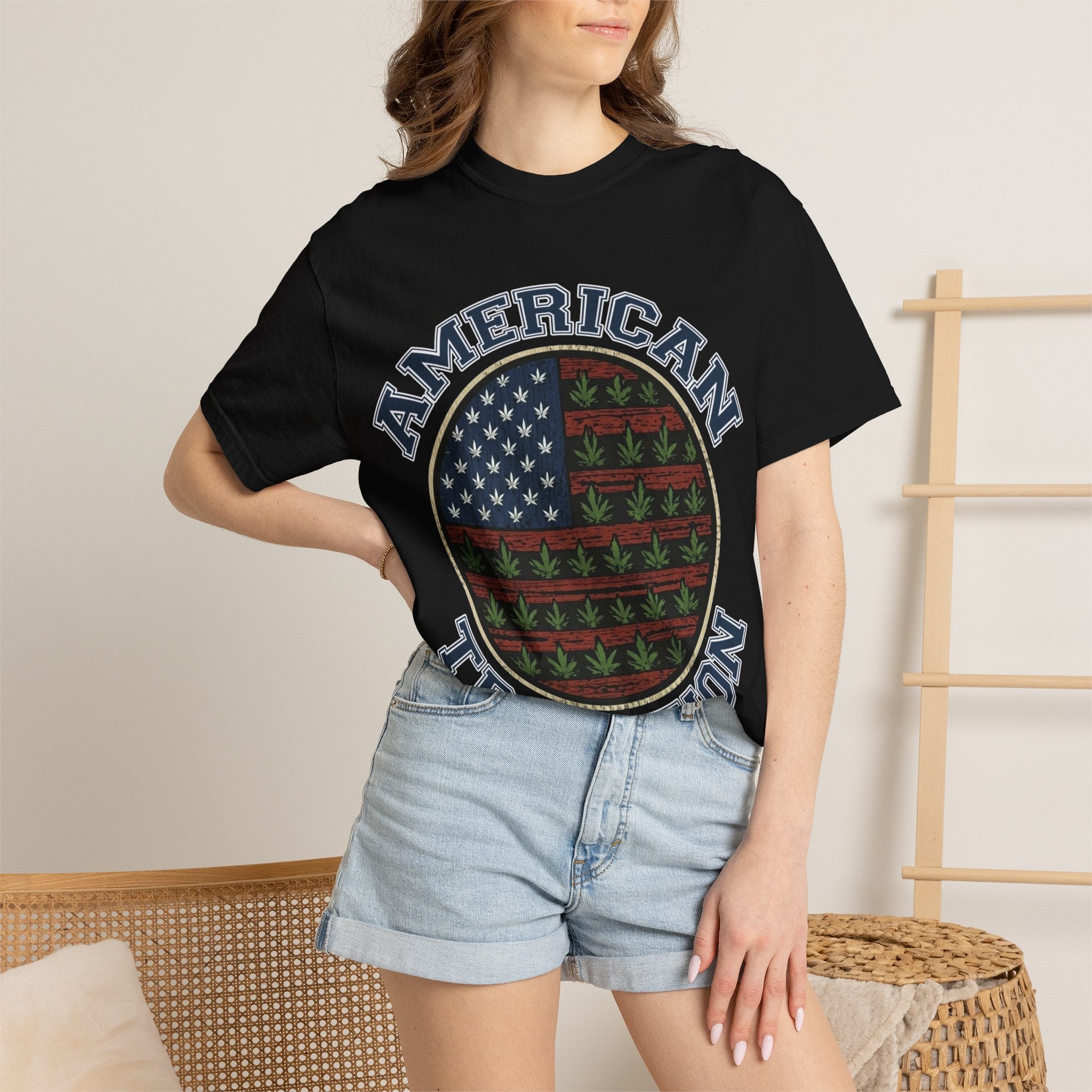 American Tradition T-Shirt — Patriotic Flag with Cannabis Leaf Pattern
