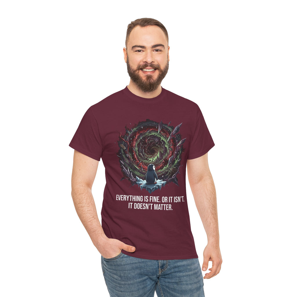 Nihilistic Penguin Portal T-Shirt — Cosmic Vortex Zen Unisex Tee