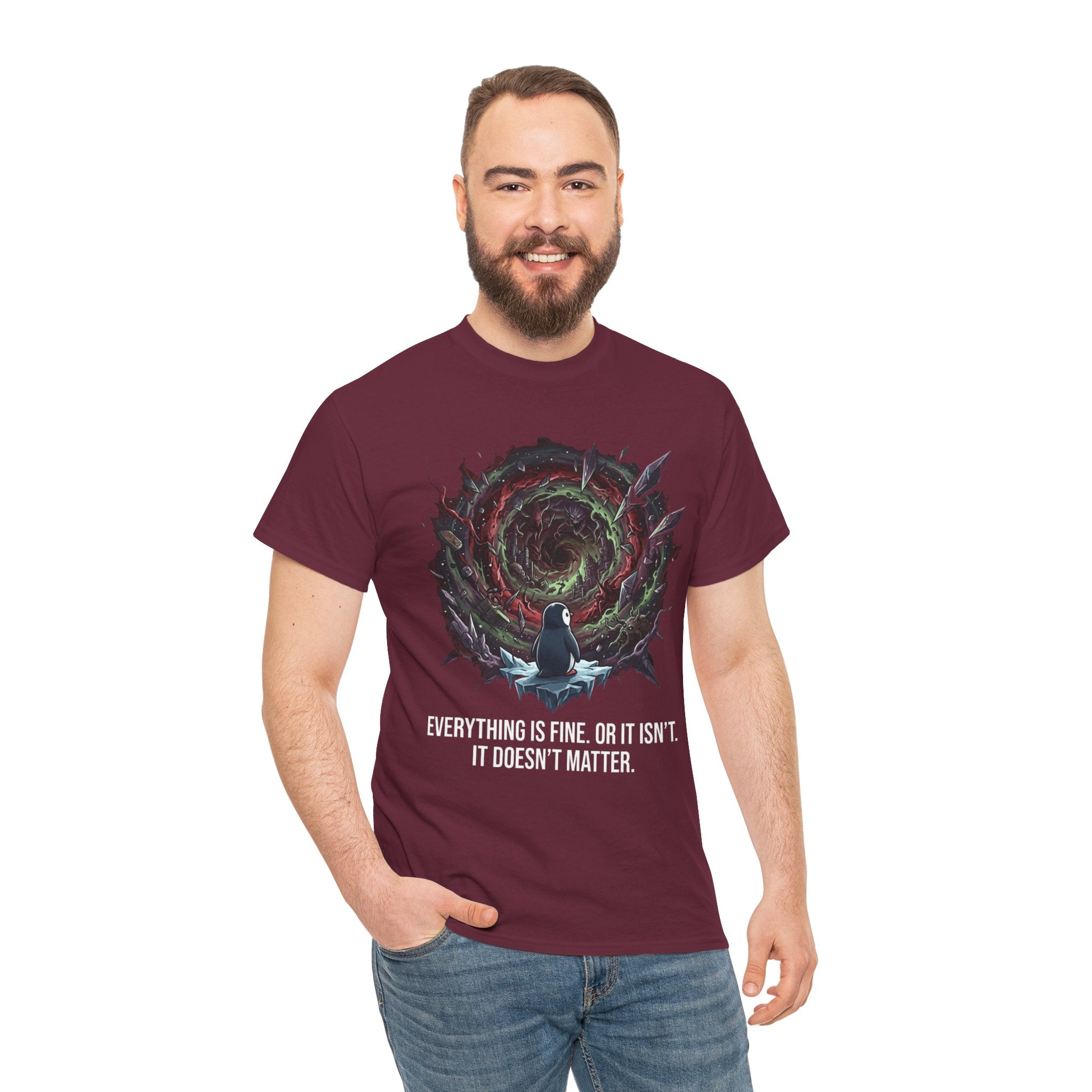 Nihilistic Penguin Portal T-Shirt — Cosmic Vortex Zen Unisex Tee