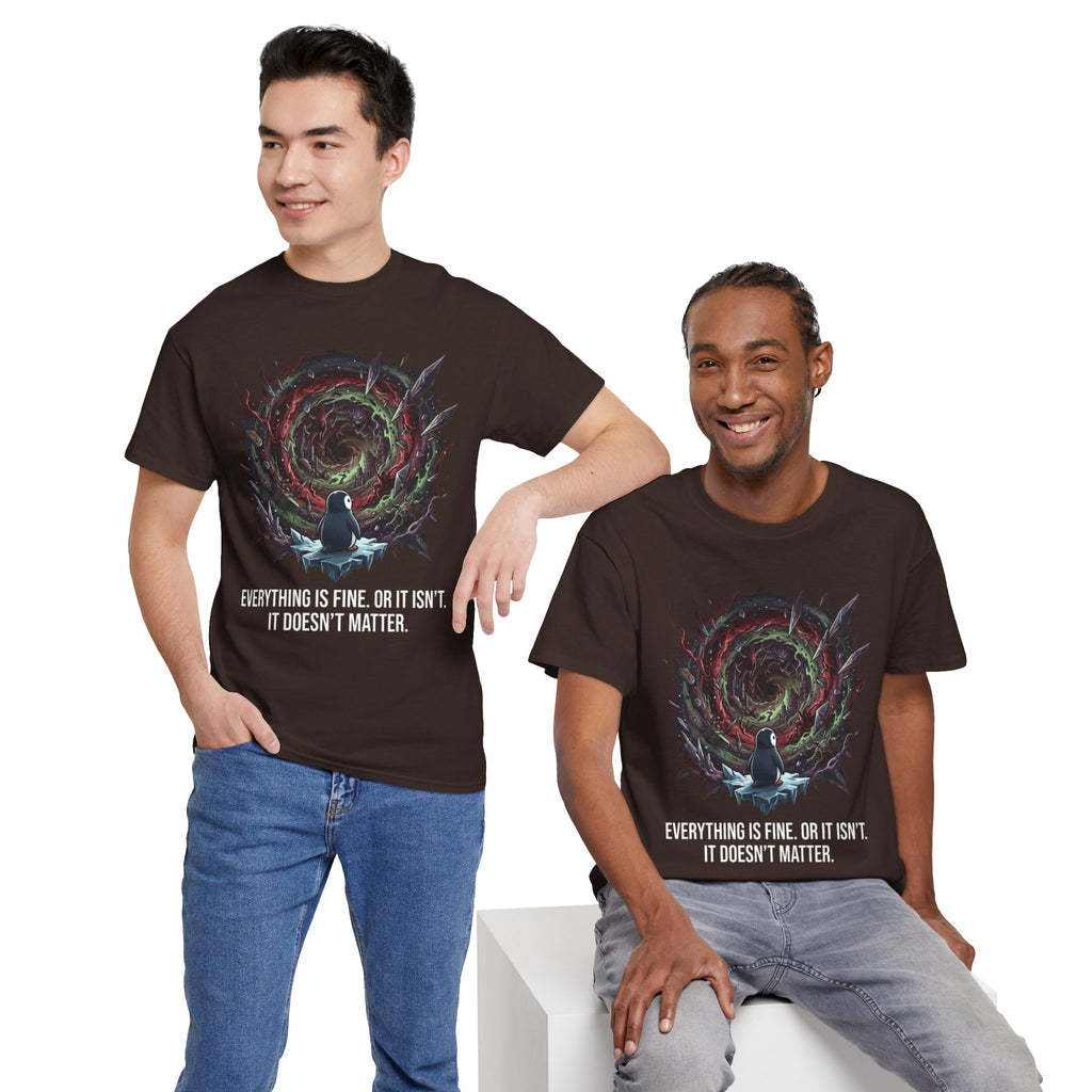 Nihilistic Penguin Portal T-Shirt — Cosmic Vortex Zen Unisex Tee