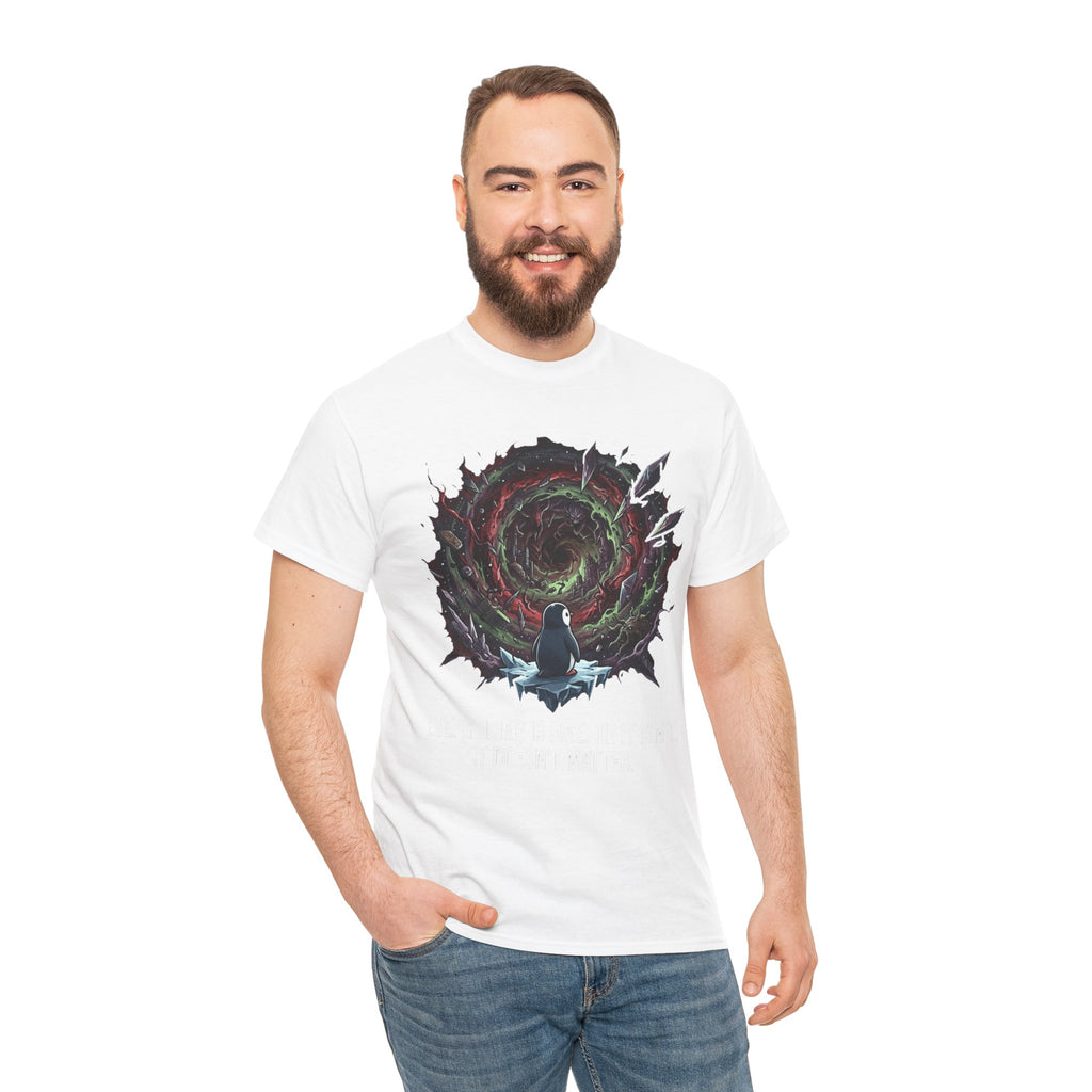 Nihilistic Penguin Portal T-Shirt — Cosmic Vortex Zen Unisex Tee