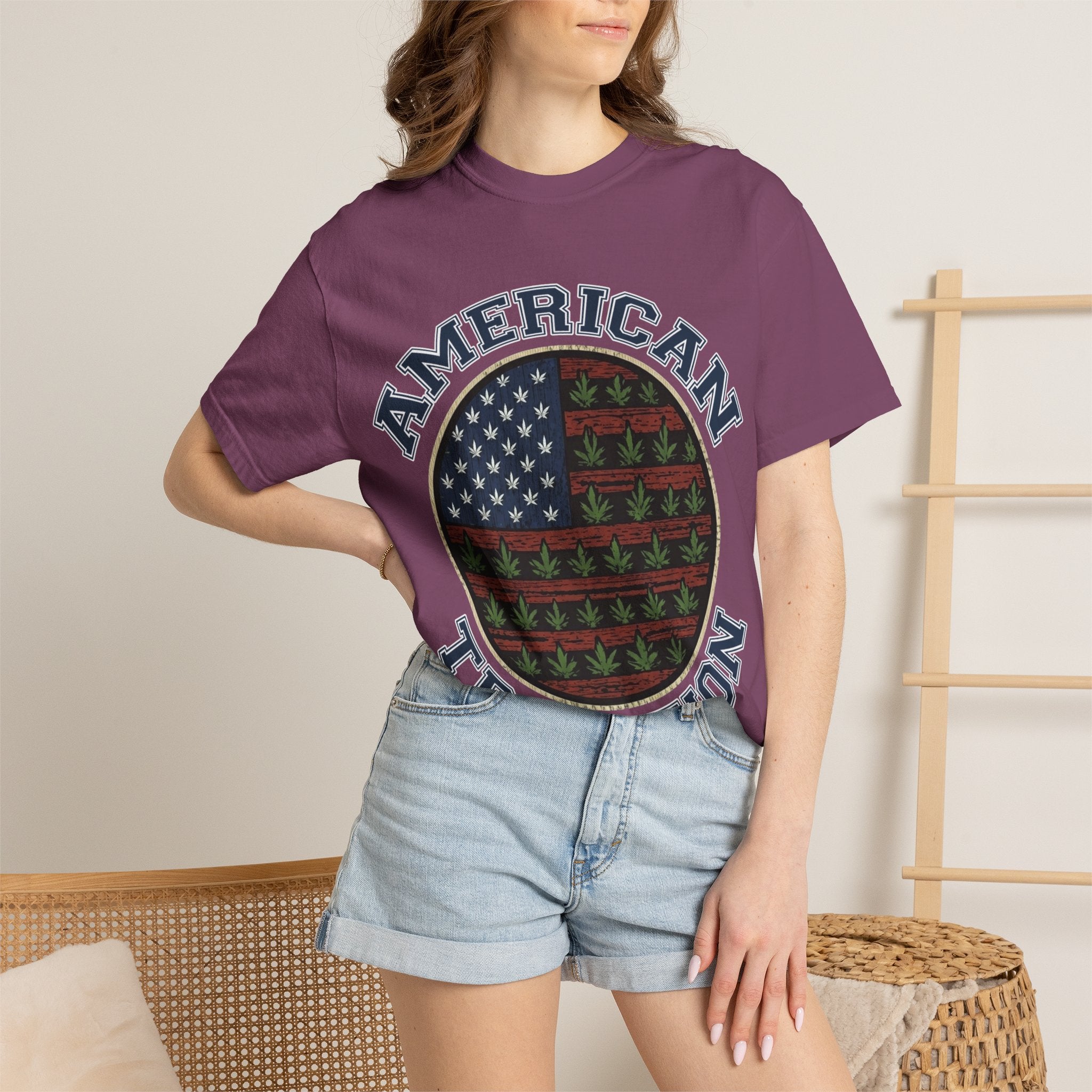 American Tradition T-Shirt — Patriotic Flag with Cannabis Leaf Pattern