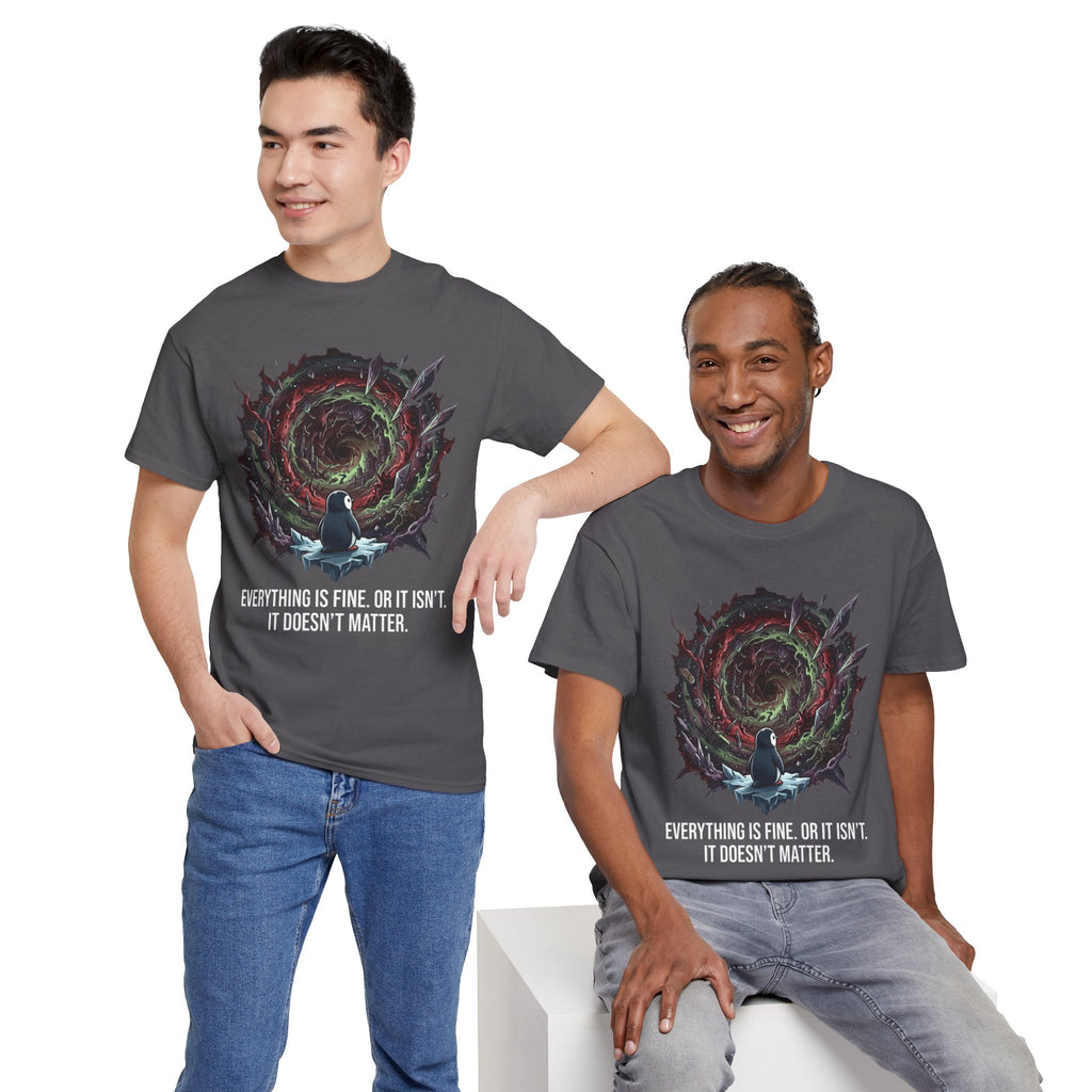 Nihilistic Penguin Portal T-Shirt — Cosmic Vortex Zen Unisex Tee
