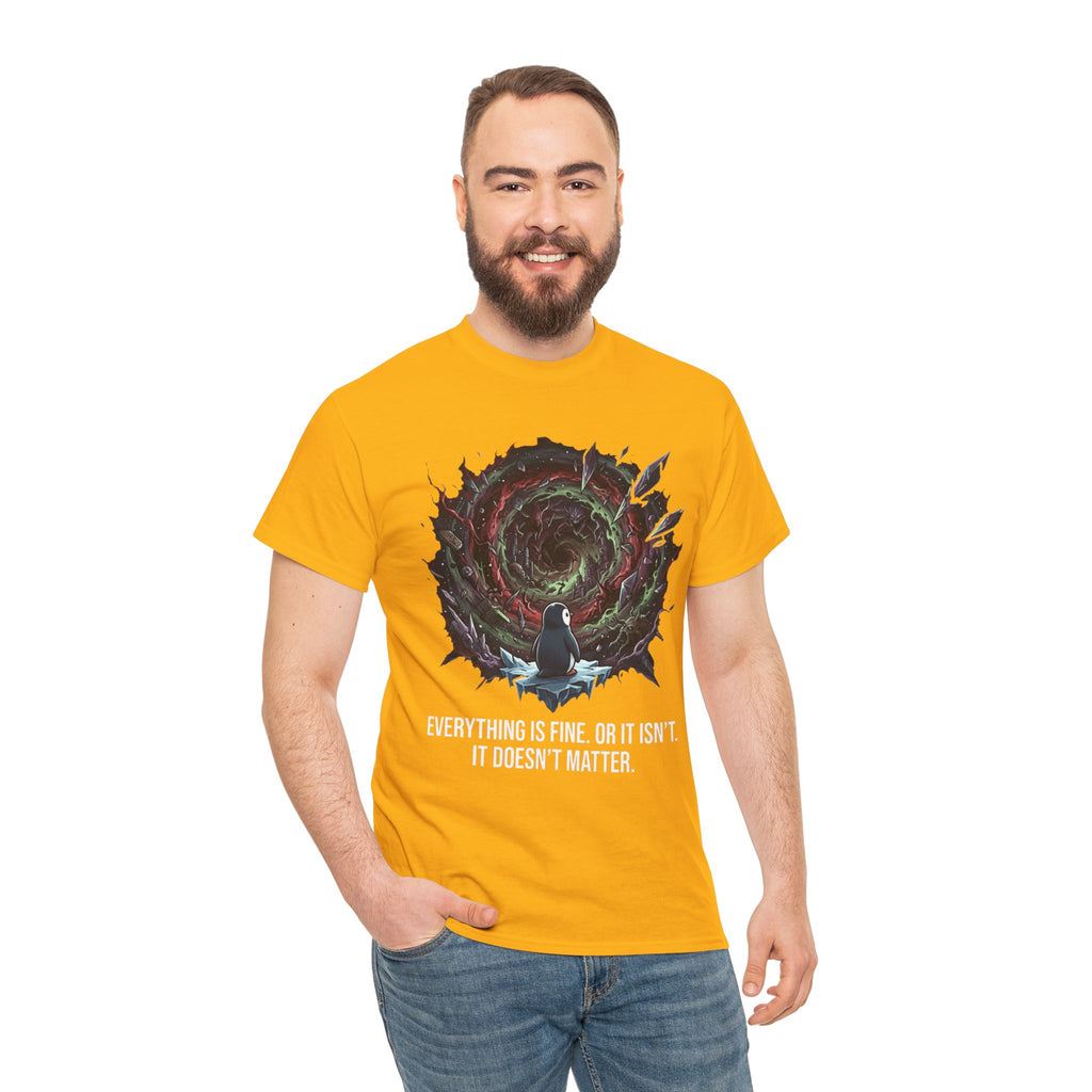 Nihilistic Penguin Portal T-Shirt — Cosmic Vortex Zen Unisex Tee