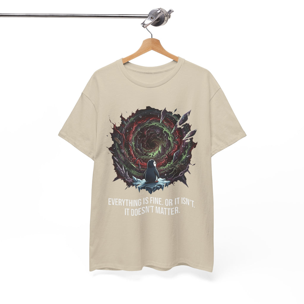 Nihilistic Penguin Portal T-Shirt — Cosmic Vortex Zen Unisex Tee