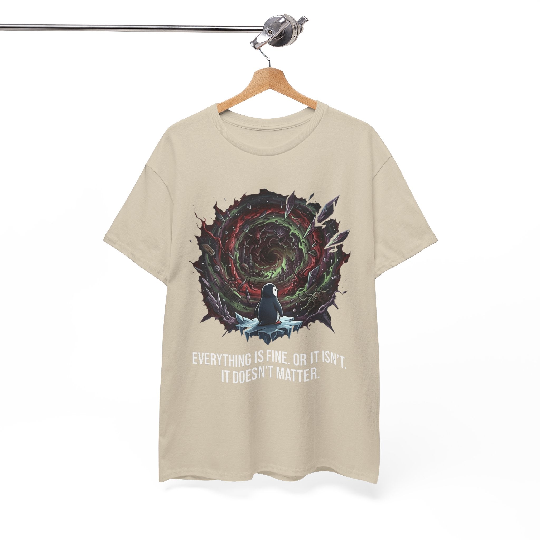 Nihilistic Penguin Portal T-Shirt — Cosmic Vortex Zen Unisex Tee