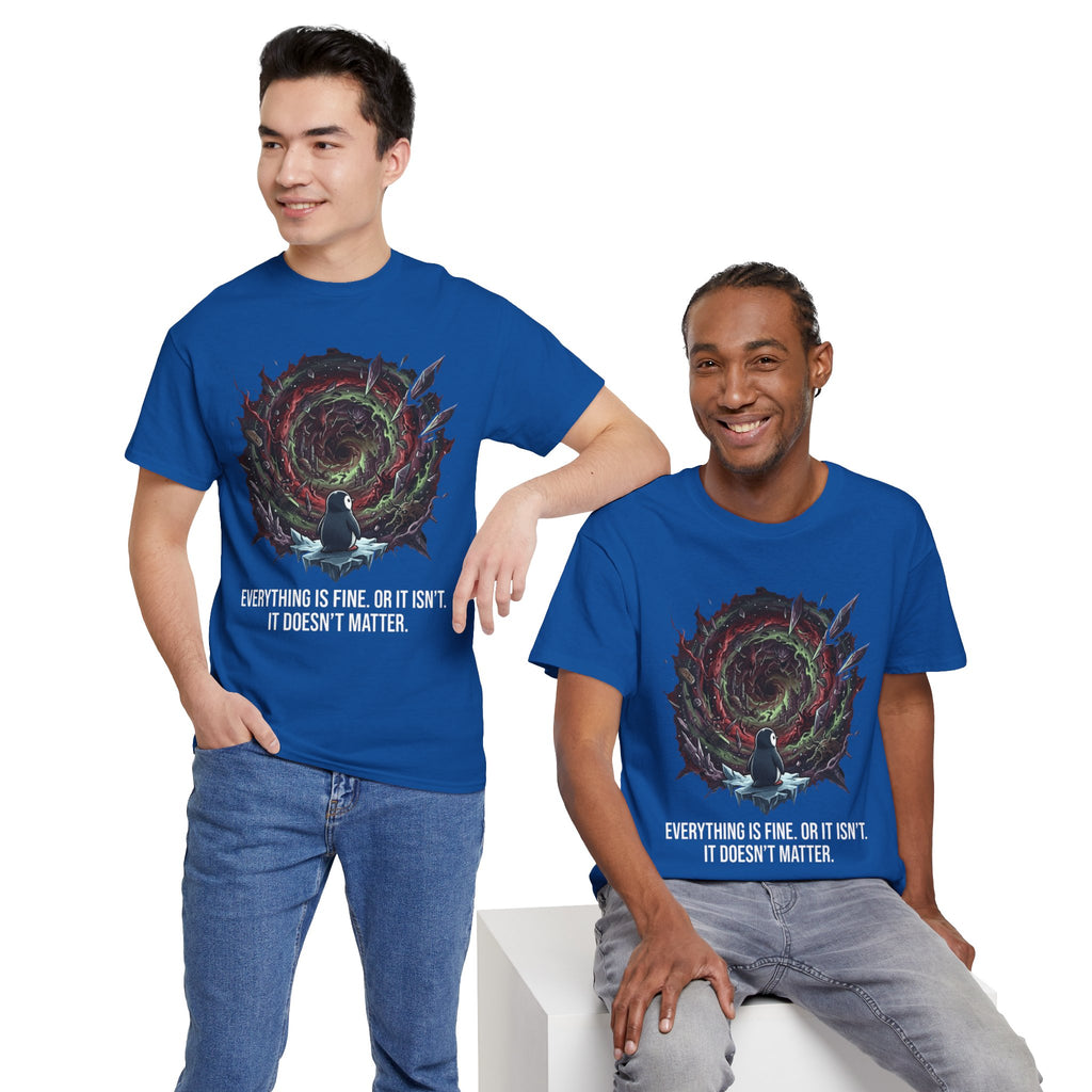 Nihilistic Penguin Portal T-Shirt — Cosmic Vortex Zen Unisex Tee