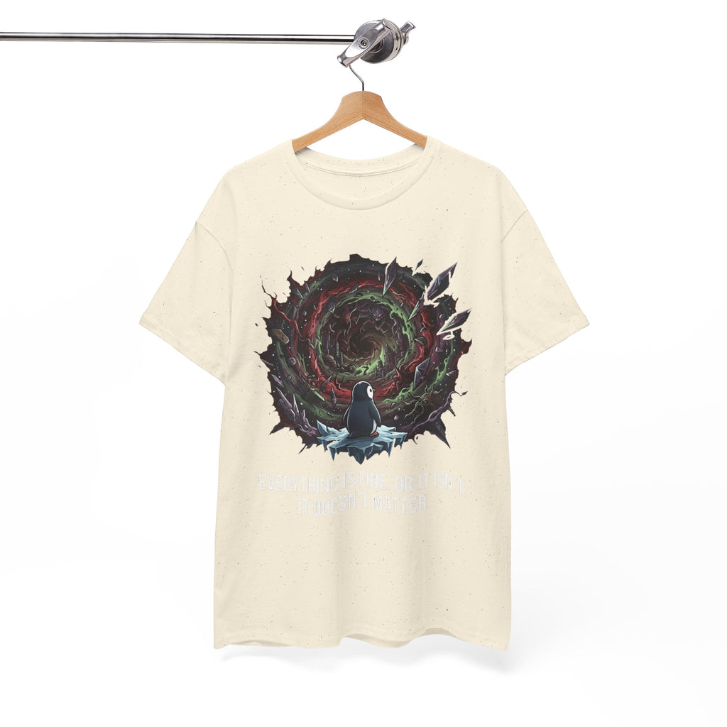 Nihilistic Penguin Portal T-Shirt — Cosmic Vortex Zen Unisex Tee