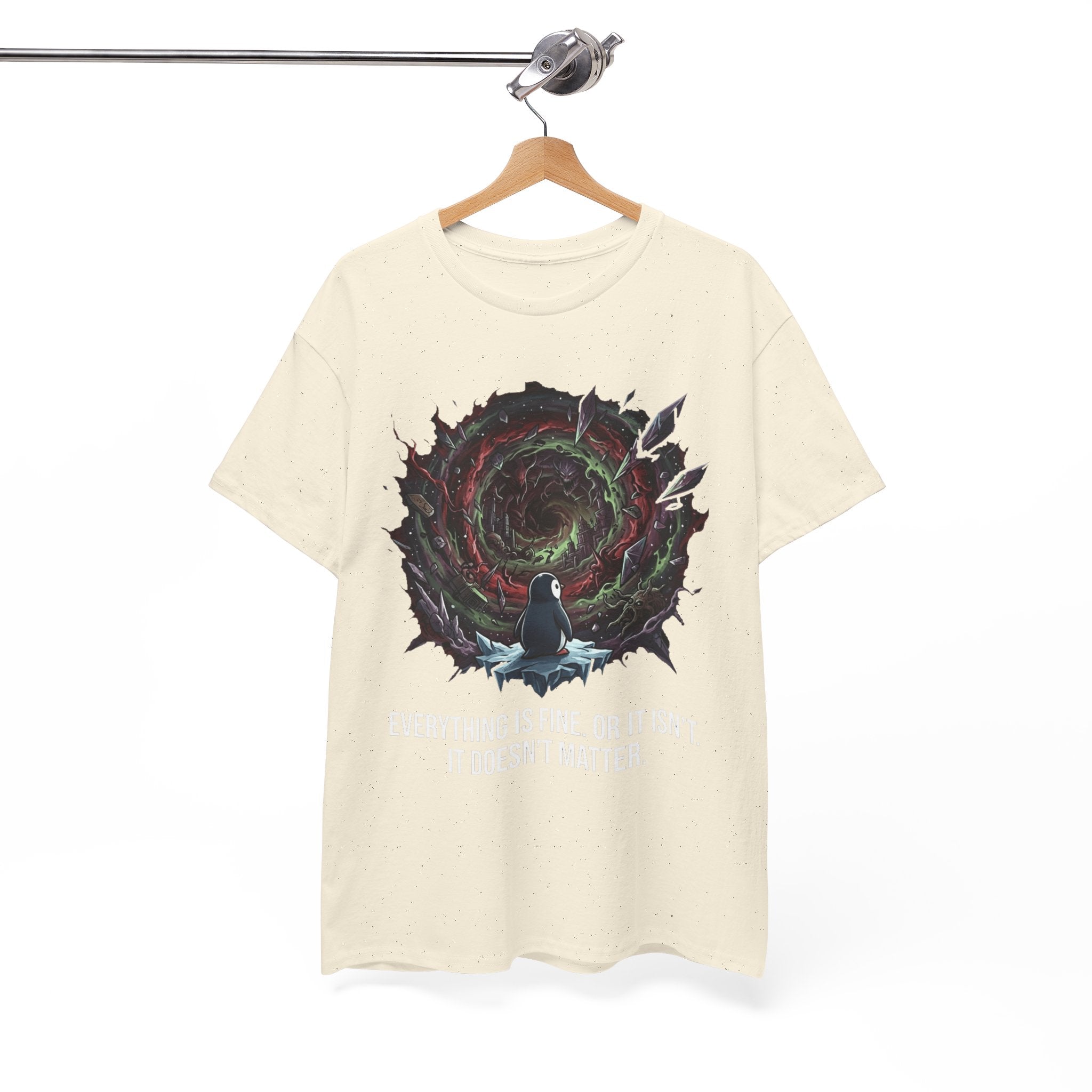 Nihilistic Penguin Portal T-Shirt — Cosmic Vortex Zen Unisex Tee
