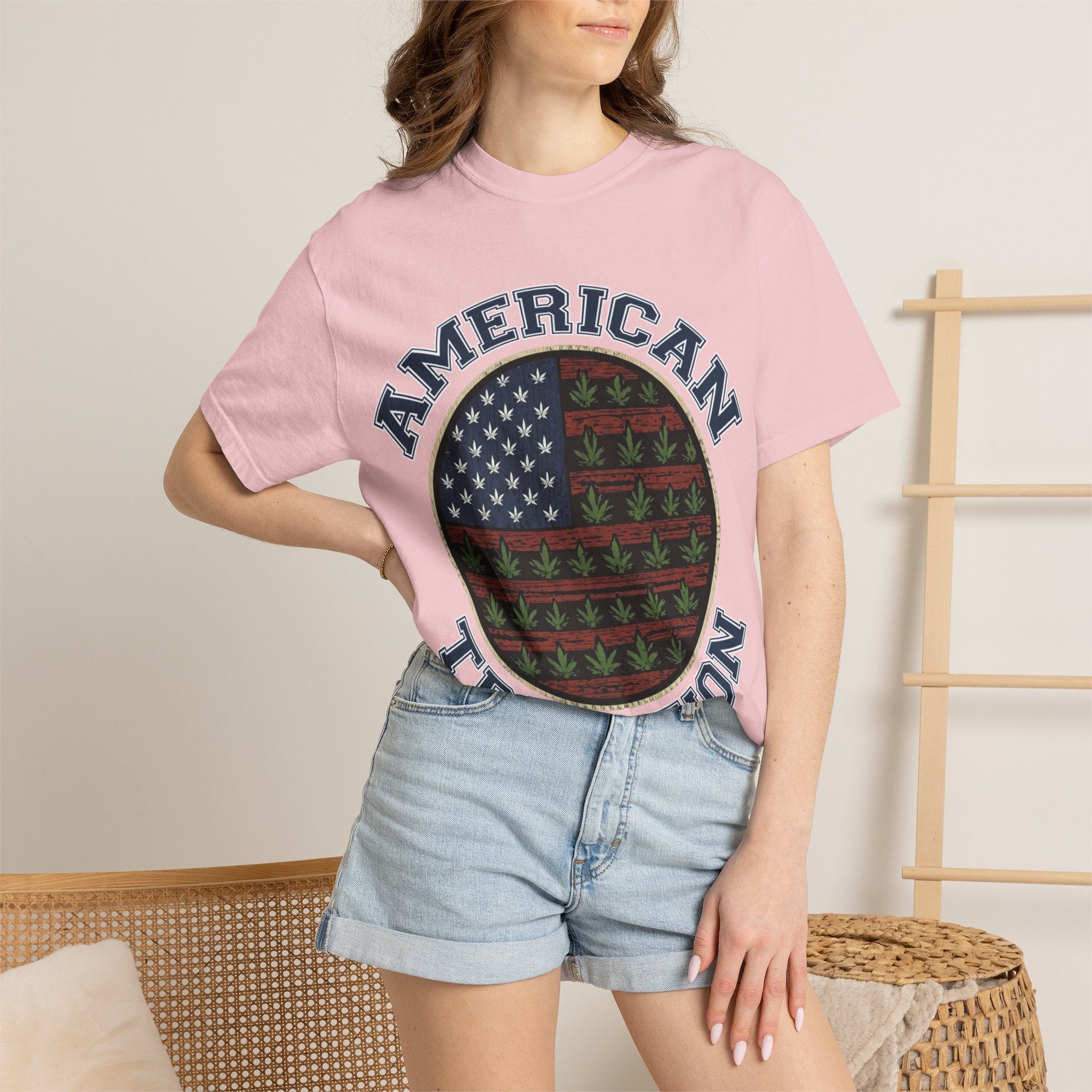 American Tradition T-Shirt — Patriotic Flag with Cannabis Leaf Pattern