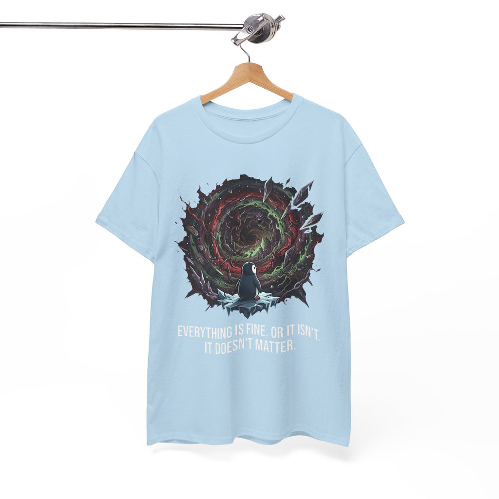 Nihilistic Penguin Portal T-Shirt — Cosmic Vortex Zen Unisex Tee