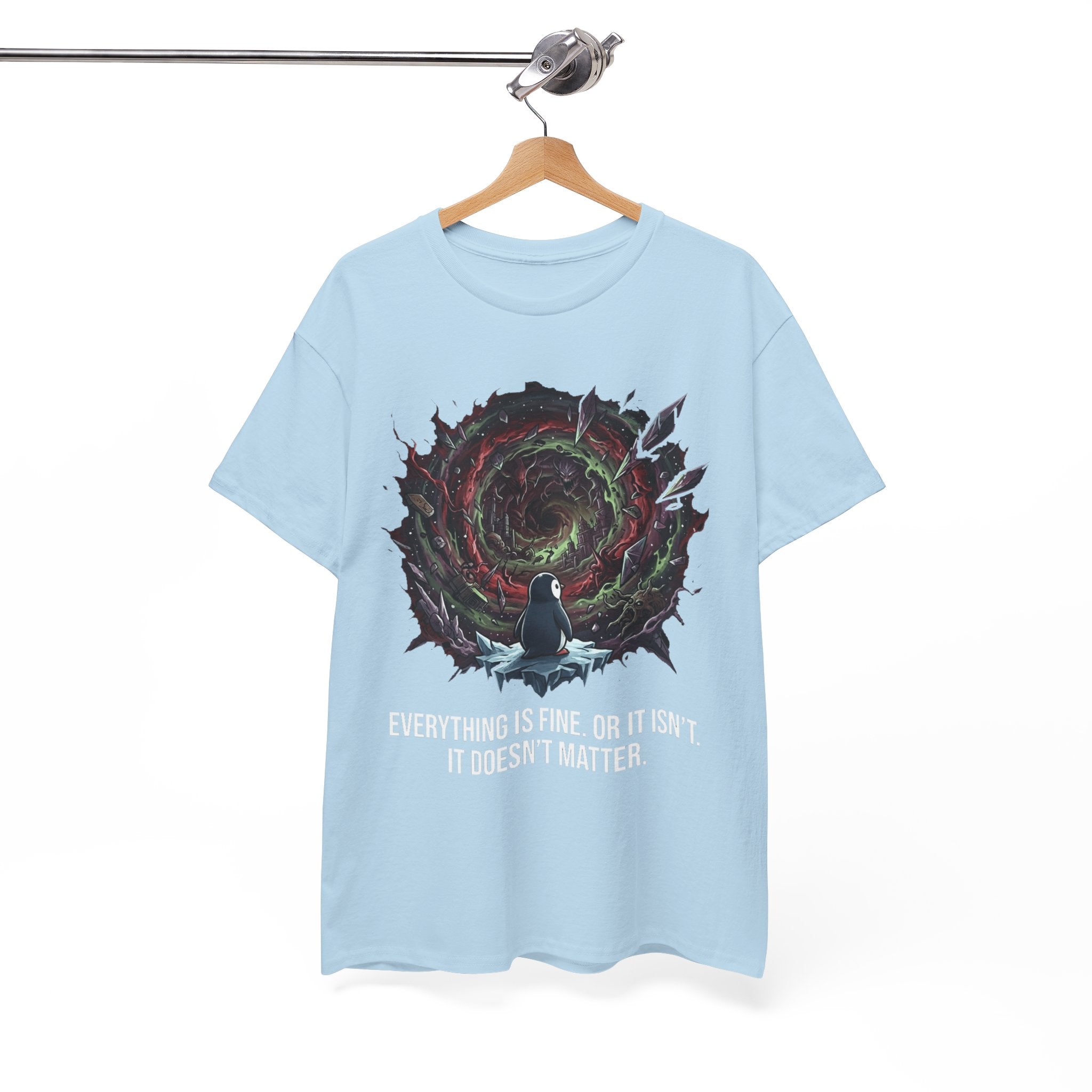 Nihilistic Penguin Portal T-Shirt — Cosmic Vortex Zen Unisex Tee