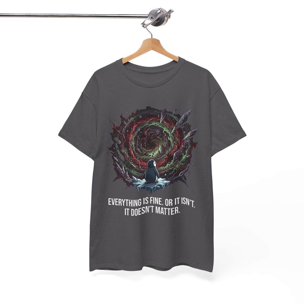 Nihilistic Penguin Portal T-Shirt — Cosmic Vortex Zen Unisex Tee
