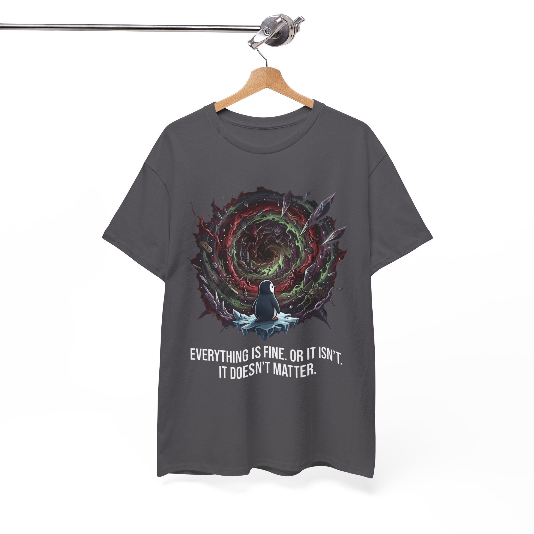 Nihilistic Penguin Portal T-Shirt — Cosmic Vortex Zen Unisex Tee