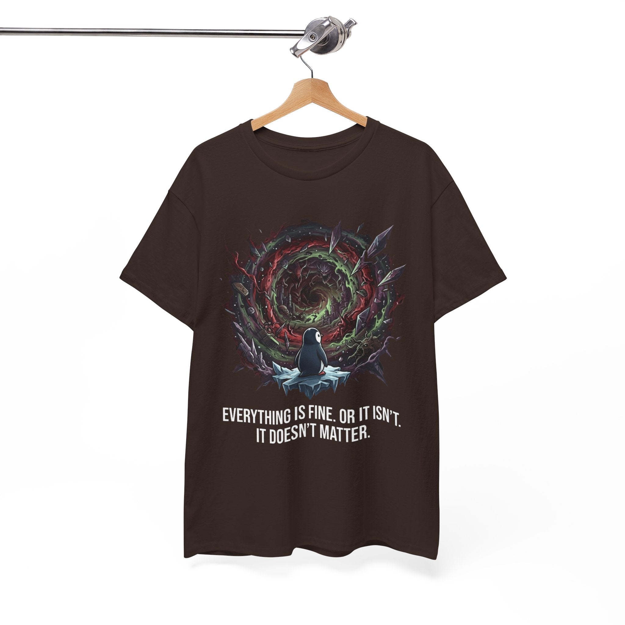 Nihilistic Penguin Portal T-Shirt — Cosmic Vortex Zen Unisex Tee