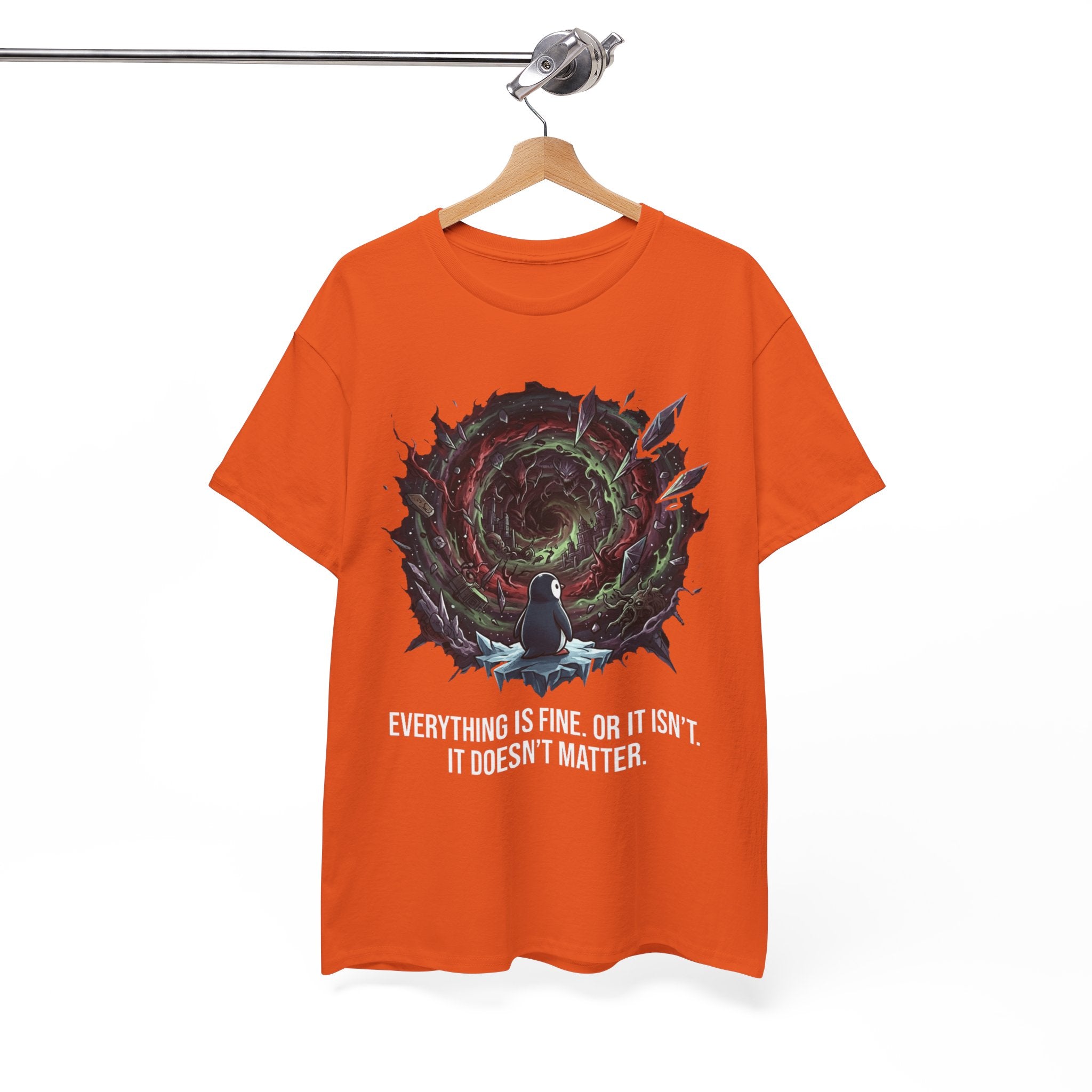 Nihilistic Penguin Portal T-Shirt — Cosmic Vortex Zen Unisex Tee