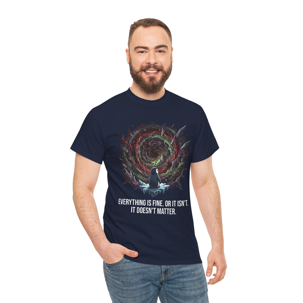 Nihilistic Penguin Portal T-Shirt — Cosmic Vortex Zen Unisex Tee